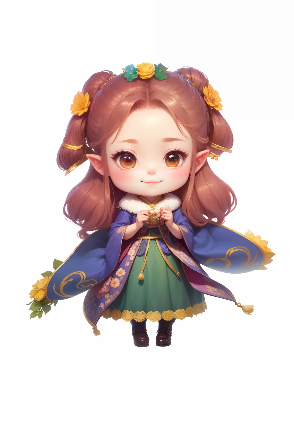 She smiled heartily，Exquisite illustrations，Detail portrayal，Detailed depiction of flowers，Cute two-dimensional，Furry collar，The costumes are exquisite，cute character,  elf girl wearing an flower suit,detailed character, Palace ， A girl in Hanfu,