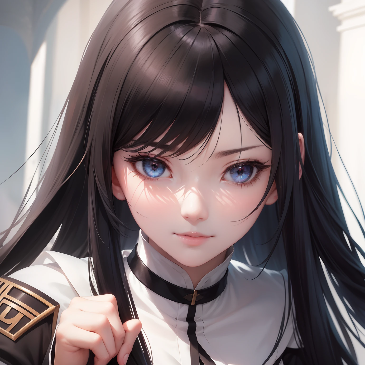 Anime girl with long black hair and white blouse, guweiz on pixiv artstation, guweiz on artstation pixiv, Detailed Digital Anime Art, Gothic Maiden anime girl, detailed portrait of an anime girl, sideways Facing,Beautiful Anime Portrait, cushart krenz key art feminine,appearance々orientation,front facing、Left index finger、Left hand pointing、Detailed finger、Fine fingers、looking left、smil