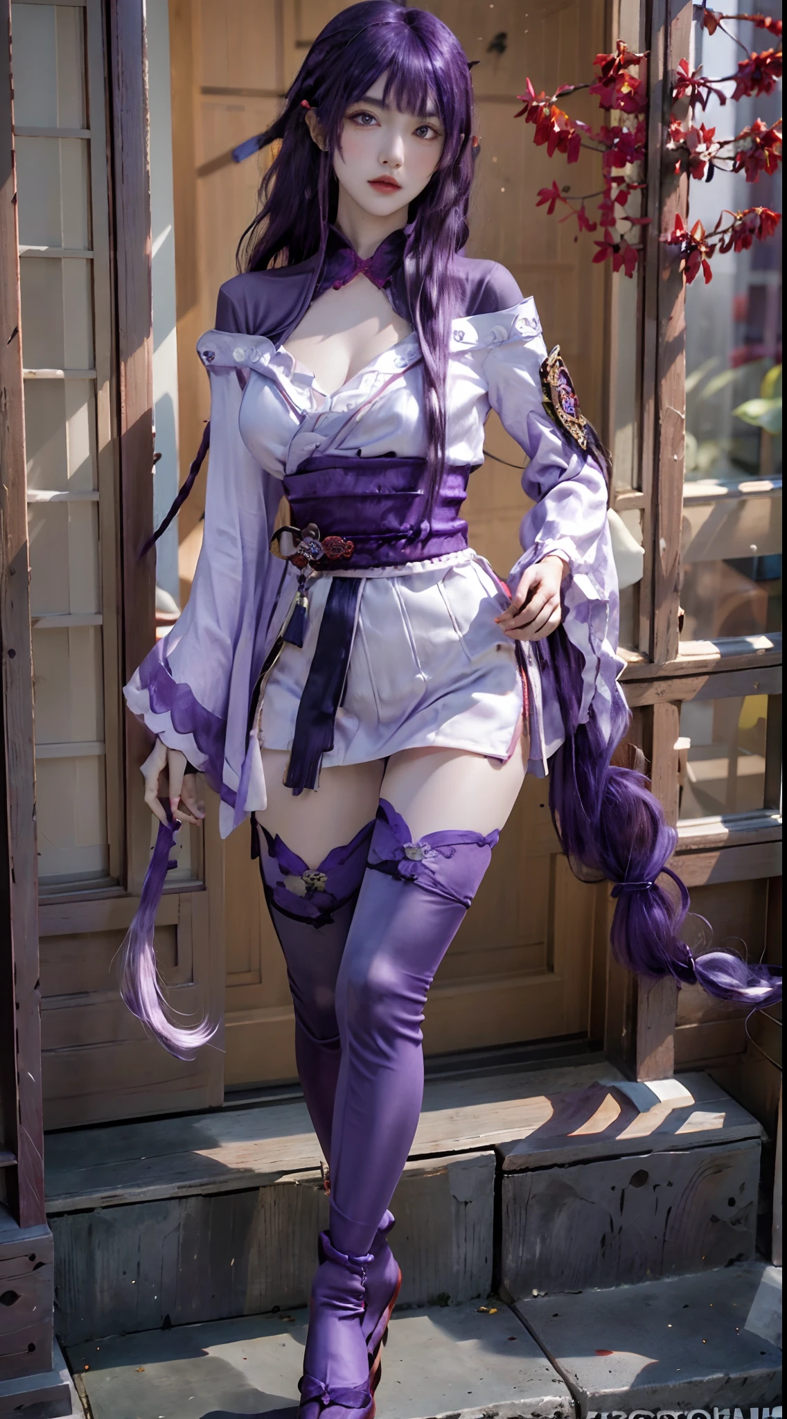 photorealistic, high resolution, 1women, solo, hips up, look at viewer, (detailed face), (blunt bangs, braid, wide sleeves, hair ornament, japanese clothes, red obi, (purple hair:1.2), very long hair, straight hair,black thighhighs, smooth