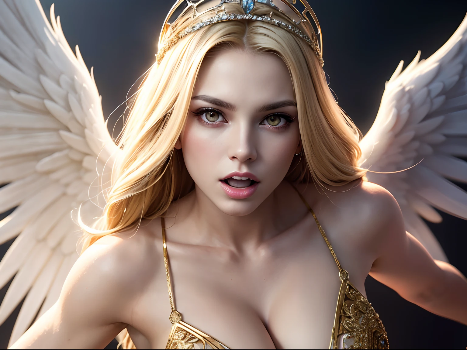 Ultra-detailed complex 3D rendering of the face, (Colossal: 8.8), (masterpiece, top quality, octane rendering, 8K), glamour shot full body image, cleavage, (highly detailed skin: 1.2), (exposure: 1.1), (blonde), (wearing a plummet tank top of gold silk: 1.5)), blonde hair, beautiful Caucasian woman with full soft breasts and white skin, one with big ass, long braided hair, big breasts, dynamic angle, mystical expression, ultra-realistic photography, (((((portrait))), bare feet, futuristic city background, facial muscles, detailed and beautiful queen tiara, in the style of Marvel Comics, clear focus, studio photography, intricate details, highly detailed, detailed yellow eyes, sharp focus, digital rendering, professional, abs, ((((sexy pose))), natural jungle, open mouth lightly, mansle, open crotch, seductive look, angel ring, detailed angel wings, angel ring, detailed mouth inside,