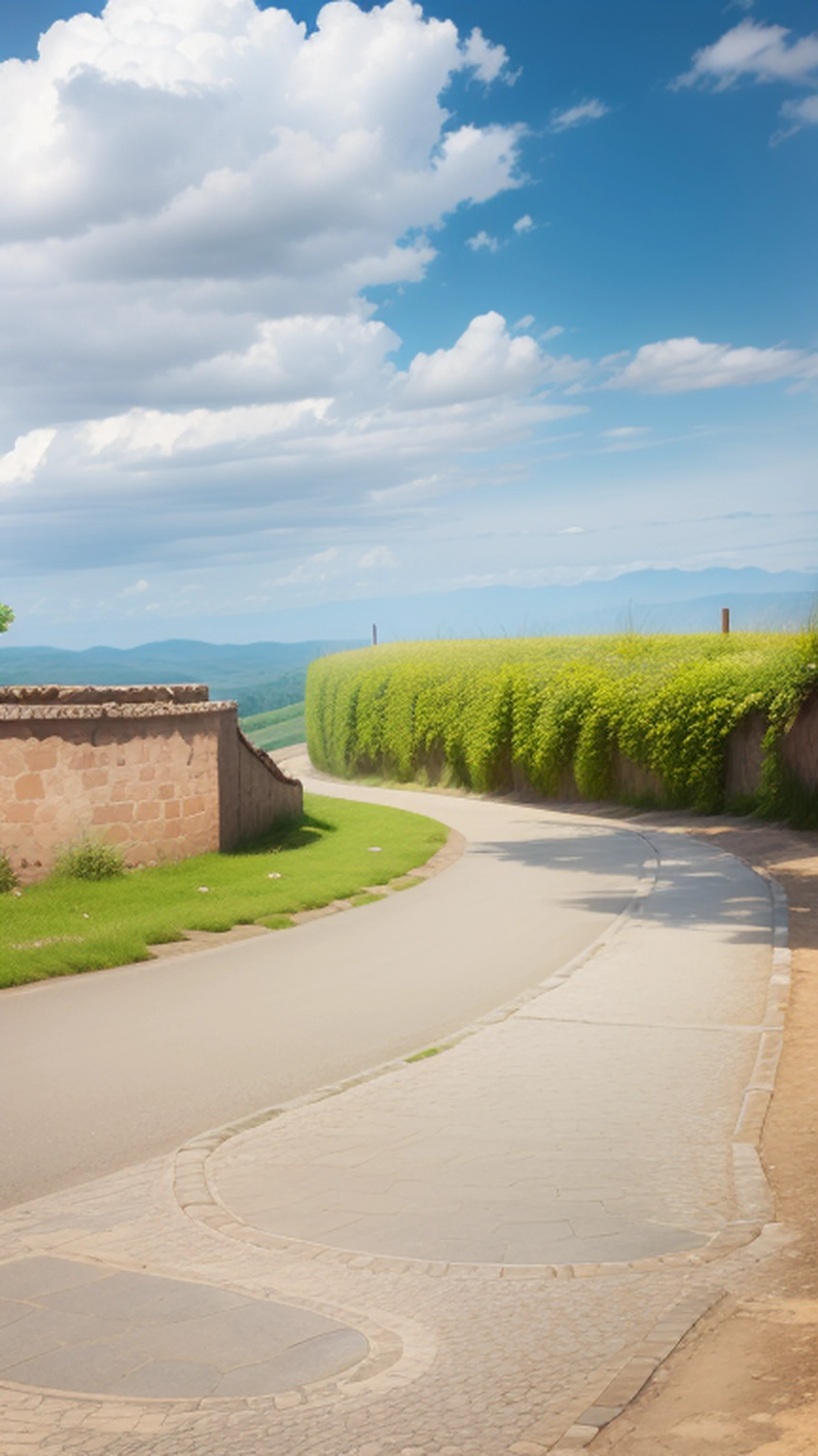 There is a harmonious low earthen wall next to the winding path，The picture is realistic，HDR