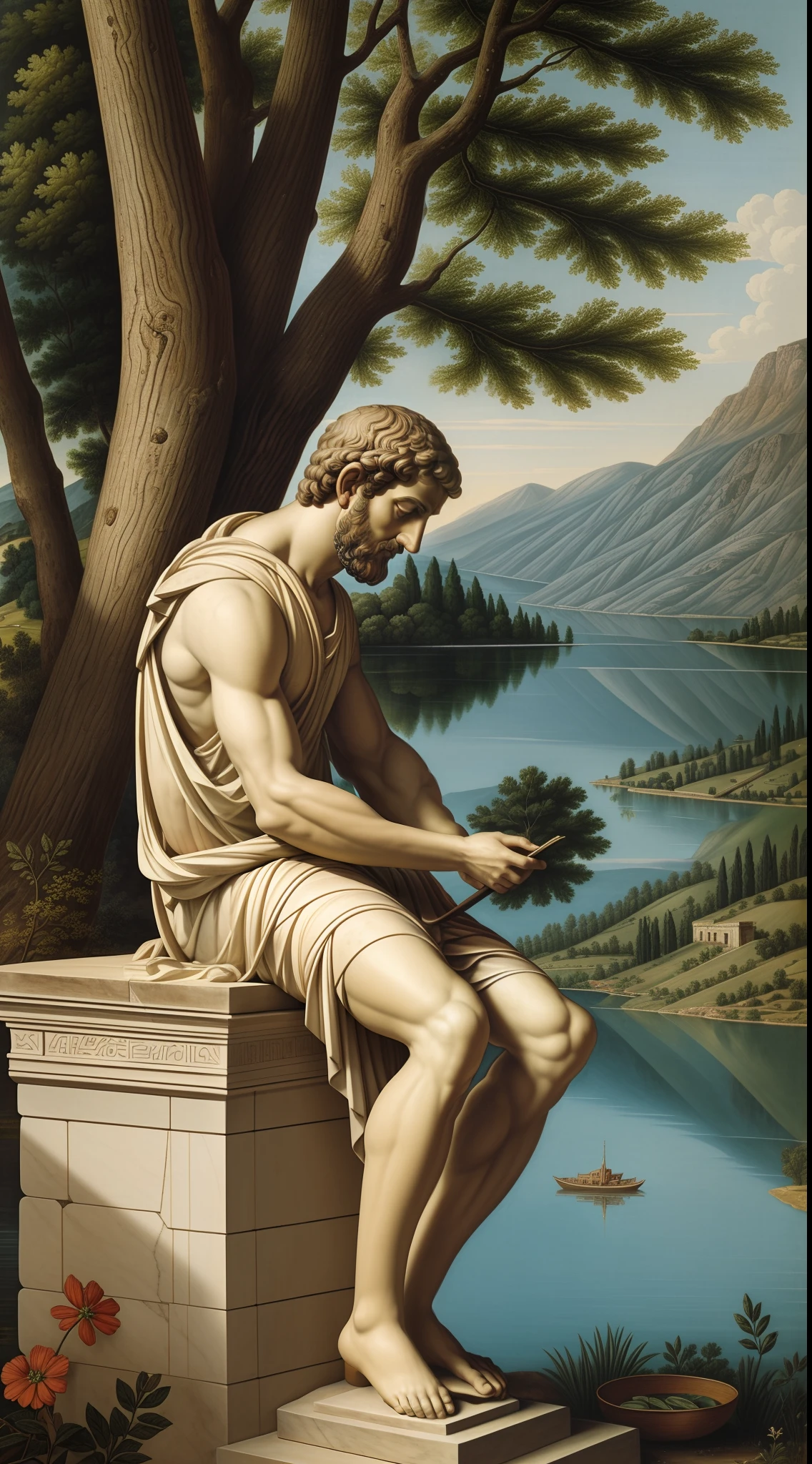 Aristotle engrossed in thinking beside a serene lake in ancient Greece. Capture the essence of intellectual pursuit and contemplation. Create an image that brings to life the tranquil setting of the ancient Greek landscape, with a focus on the profound thinking of Aristotle. Use rich details and vibrant colors to depict the idyllic scene, where wisdom meets nature. Let the viewer feel the intellectual curiosity and scholarly ambiance as Aristotle immerses himself in the world of knowledge by the lakeside in ancient Greece.