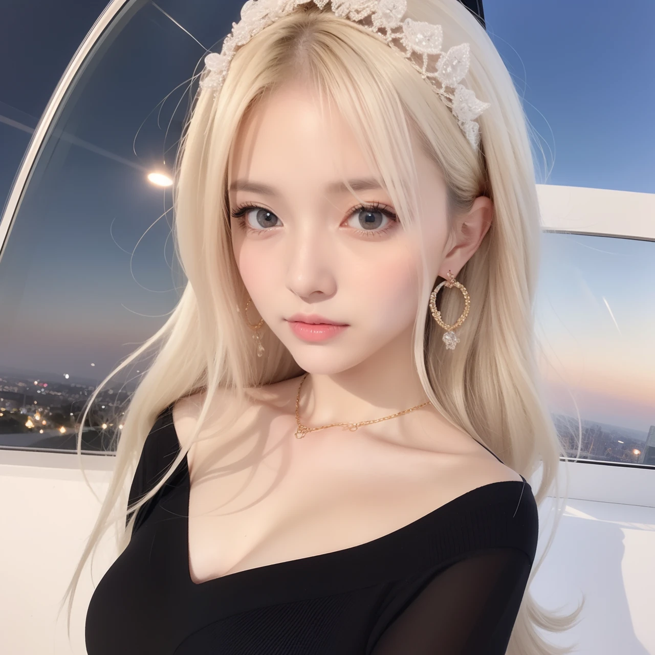 {{masutepiece}}, {Best Quality}, {Ultra-detailed}, {Best Illustration}, {{Best Shadow}}, {extremely delicate and beautiful}, {{public indecency}}, {{{Dynamic Angle}}}, {ue}, {{{{majestic architecture}}}}, {{Sunset}}, {1girl in,Solo}, {{Slender face}}, {Long hair},  {{Light gold hair}}, {{Light White Gradient Hair}}, {{{{Black, sweater dress}}}}, 鎖骨, Shiny hair,,Shiny skin, {{Red skin}}, glowing earrings, Beautiful red eyes, Eyelashes,Round eyes, jewelry eyes, Twinkle Eyes, Glowing eyes, Sparkling eyes, Wind, tiny chest, Pale gold hair, Light White Gradient Hair, Sunlight, finely detail, {Beautiful detailed girl}, {Back Light}, Extremely delicate and beautiful, {{Beautiful detailed sky}}, [3D],