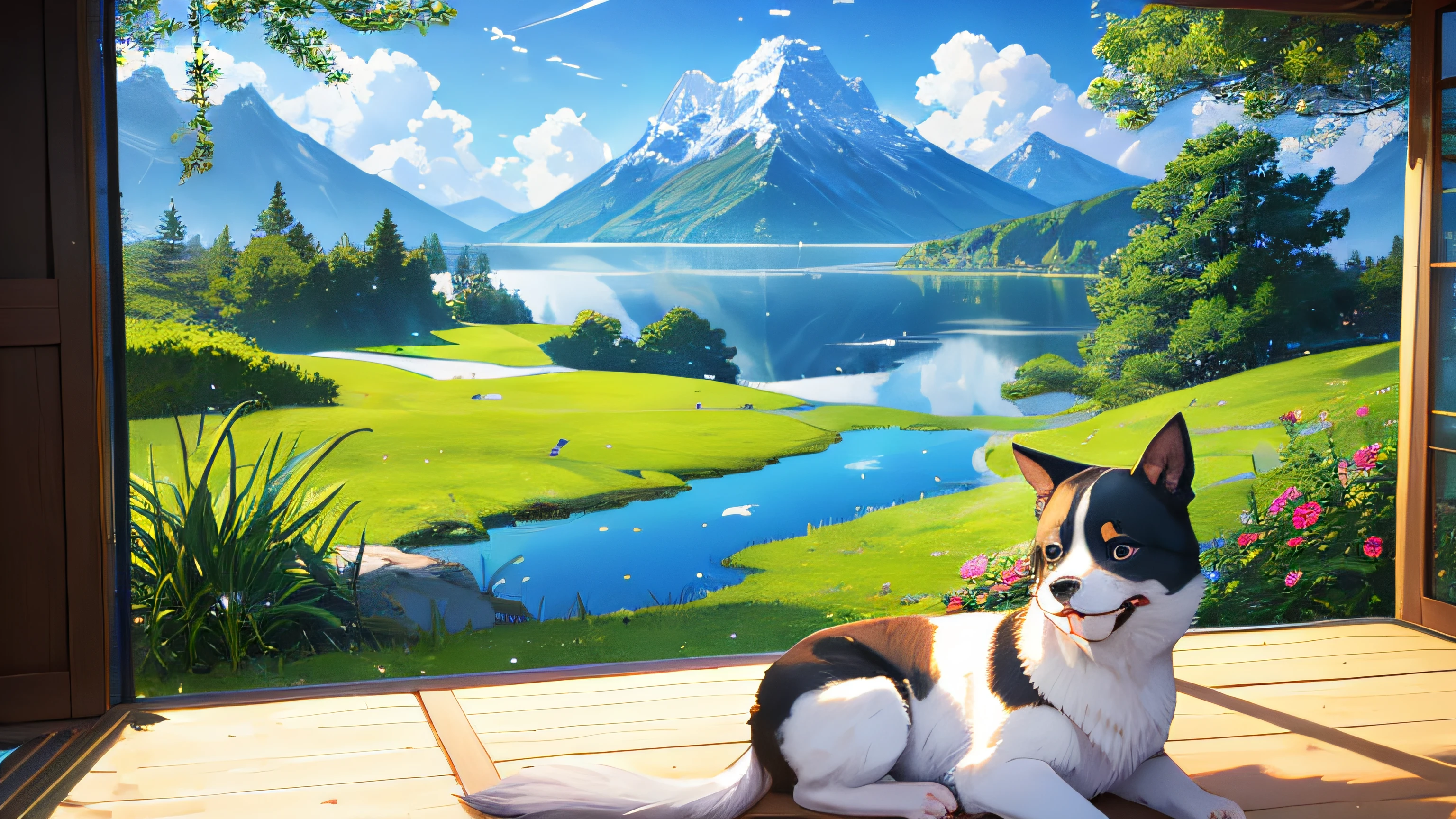 夏天，Big meadow，Few florets，clear lakes，a puppy dog，a paradise，large clouds，blue-sky，scorching weather，high definition detail，wet watermarks，hyper-detailing，cinematic ligh，ultra-realistic realism，the soft light，Deep field focus bokeh，The vista is snow-capped mountains，Ray tracing and surrealism。 --v6