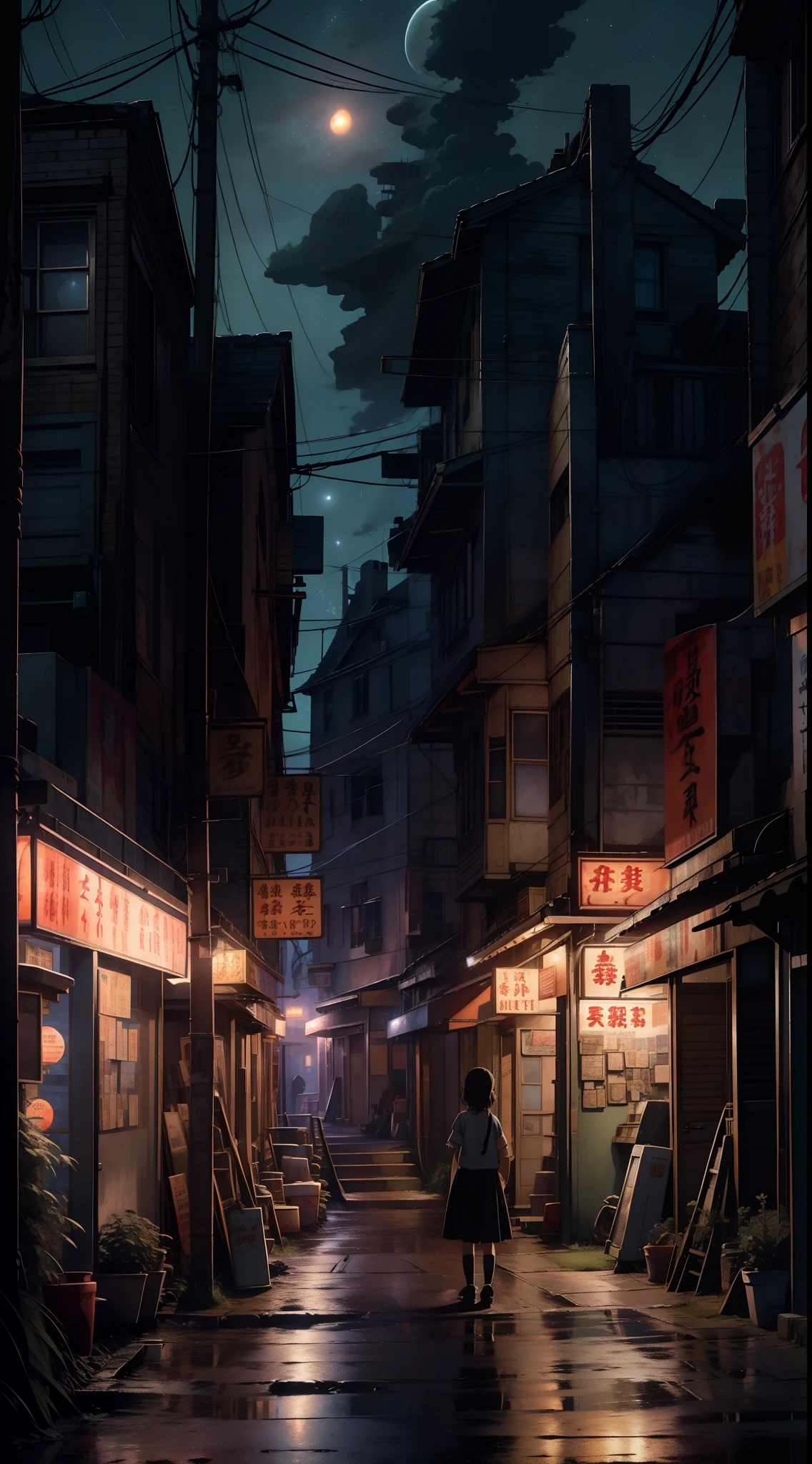 A nostalgic digital painting inspired by the enchanting world of Studio Ghibli. The artwork depicts a charming, small-town street at night, exuding a sense of tranquility and wonder. The scene is set for a cinematic moment, reminiscent of a scene from a Ghibli film. In the composition, a solitary  girl stands in contemplation, her back turned to the viewer, emanating a touch of melancholy. The world around her is beautifully detailed, capturing the essence of a nostalgic atmosphere. The sky above is adorned with a breathtaking display of stars, evoking a feeling of wistful reminiscence that resonates with viewers of all ages.