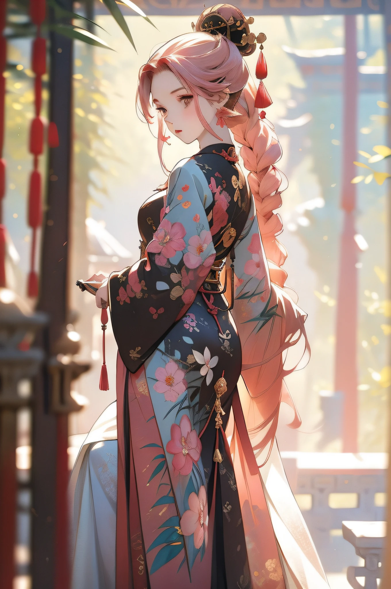ancient wind,Ink-colored cheongsam,Pink hair,small ,Behind is a bamboo forest,offcial art,8k wallpaper,The is very detailed