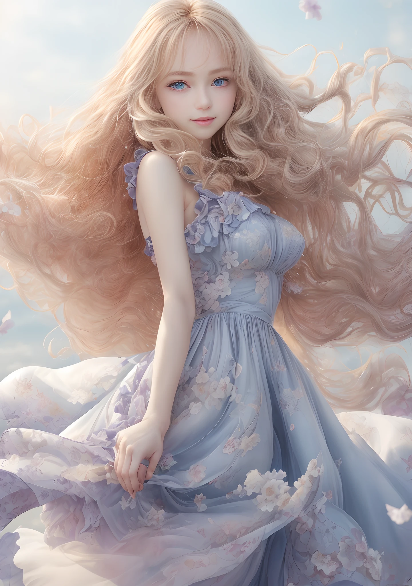 (top-quality、masterpiece), infp young woman, the pose, Particle, the wind, florals, The upper part of the body, simple background, View here, Long curly blonde hair blown by the wind、blue eyess、 Smiling、Light purple floral dress on white cloth、intergalactic,in backlight,Rim Lights,beautiful artwork,perfect-composition