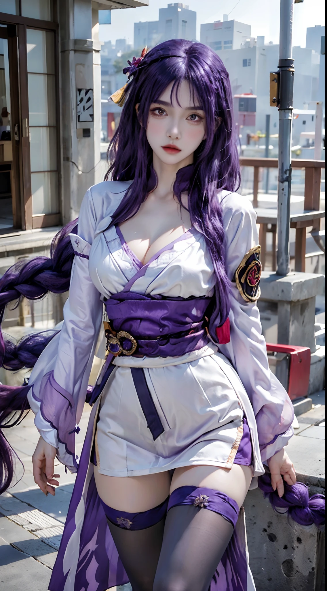 photorealistic, high resolution, 1women, solo, hips up, look at viewer, (detailed face), (blunt bangs, braid, wide sleeves, hair ornament, japanese clothes, red obi, (purple hair:1.2), very long hair, straight hair,black thighhighs, smooth