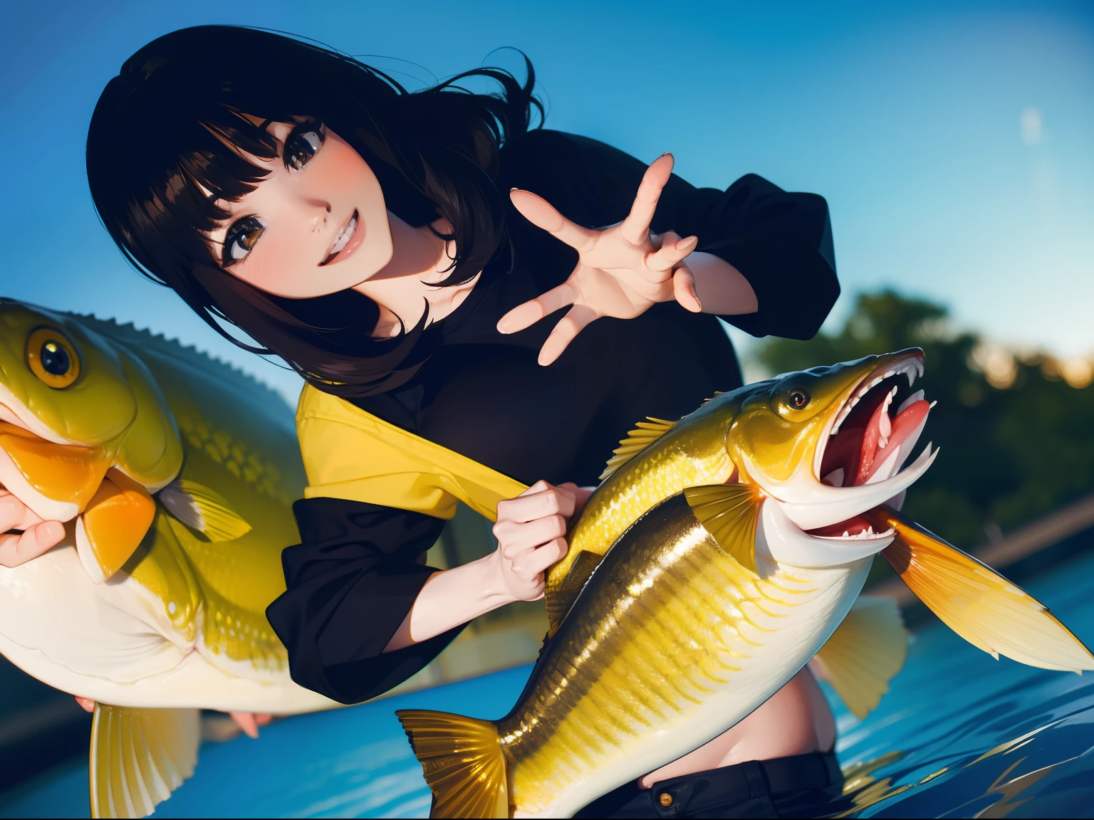 (((catching a big largemouthbass with both hands))) (((stand by the lakeside:1.1))),((Best quality, Masterpiece :1.3)),(1 japanese mature female),large mouth bass,black hair, longeyelashes, solid circle eyes, light smile, drop shadow, atmospheric perspective, 8k, super detail, ccurate, best quality, small breasts,black jacket, Black T-shirt ,navy blue jeans,