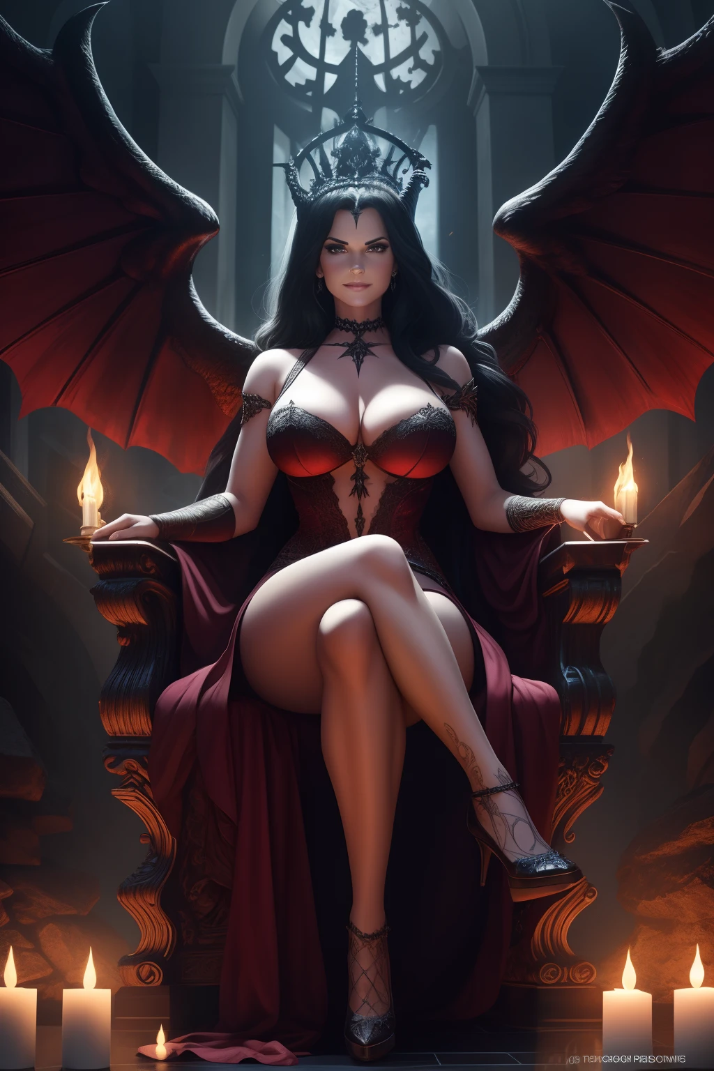 ultra detailed Lisa Ann as Satan sur le Trone de l'enfer, Realistic detailed eyes, diable, Robe noire et rouge, demon wings, Demon horn, Context of the chaos of hell and destruction, Evil queen, looking straight at camera, smiling with contempt on his face, longs ongles noirs, Shaded illustration of a high-quality cell in hell, corps entier, pose dynamique, anatomie parfaite, centered, Freedom, soul, Approche de la perfection, Ombrage de cellule, 8k , Cinematic dramatic atmosphere, Water color painting, Illumination globale, detailed and intricate environment, ArtStation, Art conceptuel, mise au point fluide et nette, volumeric lighting, lighting cinematic