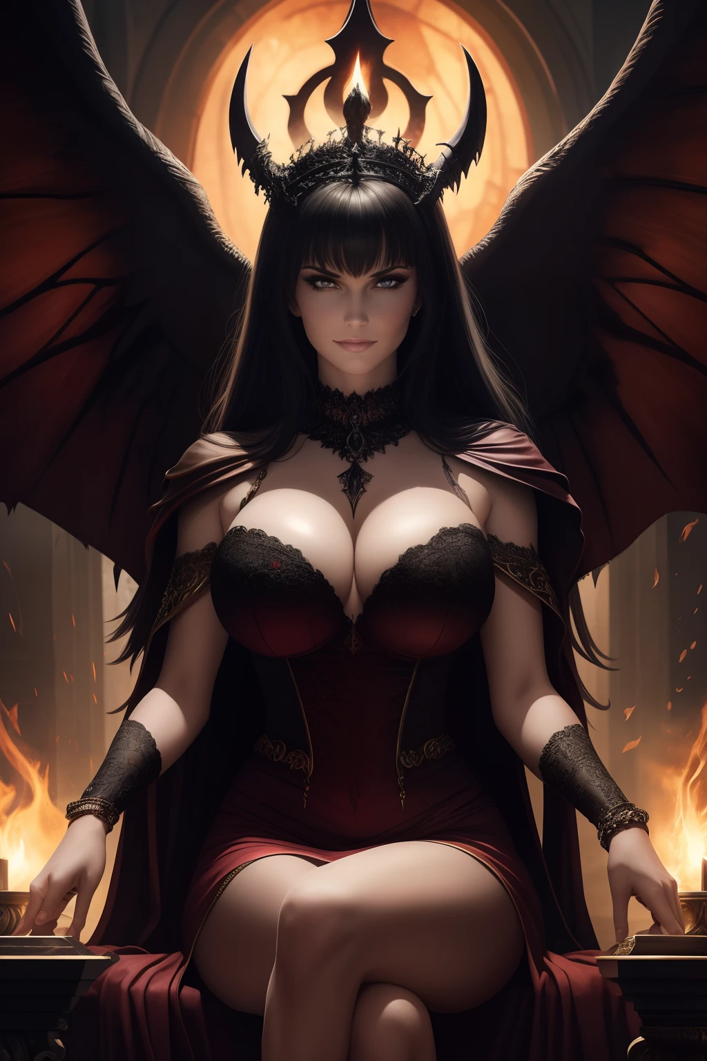 ultra detailed Lisa Ann as Satan sur le Trone de l'enfer, Realistic detailed eyes, diable, Robe noire et rouge, demon wings, Demon horn, Context of the chaos of hell and destruction, Evil queen, looking straight at camera, smiling with contempt on his face, longs ongles noirs, Shaded illustration of a high-quality cell in hell, corps entier, pose dynamique, anatomie parfaite, centered, Freedom, soul, Approche de la perfection, Ombrage de cellule, 8k , Cinematic dramatic atmosphere, Water color painting, Illumination globale, detailed and intricate environment, ArtStation, Art conceptuel, mise au point fluide et nette, volumeric lighting, lighting cinematic
