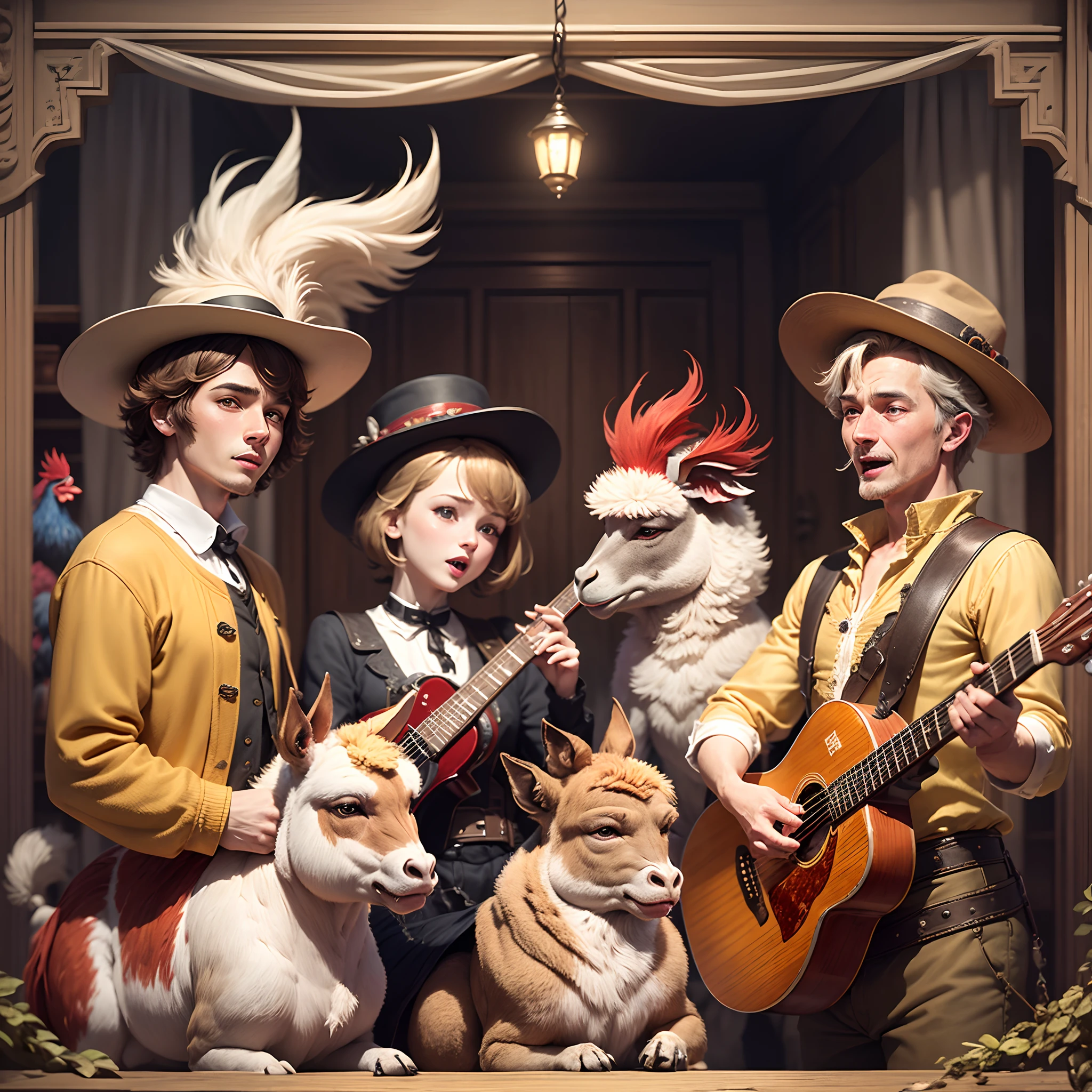 1400 years. German fairy tale. Cheerful funny Bremen musicians (donkey, cat, dog, rooster and a young guy), in hats and pop old costumes, play musical instruments, the stage is a big cart, Close-up, super photorealistic, cinematic, dynamic, cartoon style. --auto --s2