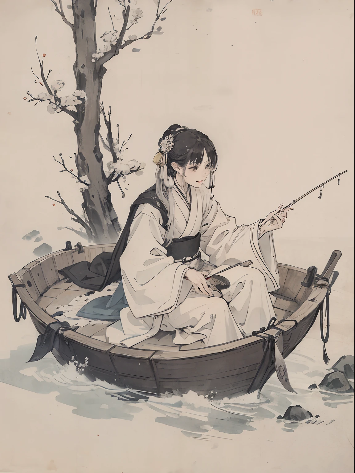 (tmasterpiece,best qualtiy:1.2),Tradition Chinese Ink Painting,Oyuki,Winters,,A vista of a man in a pointed cloak sitting on a boat fishing,Skysky,Skysky,Skysky,baiyun,snowflower,Faraway view,in a panoramic view,flod,flod,flod, seaweed,snowflower,
