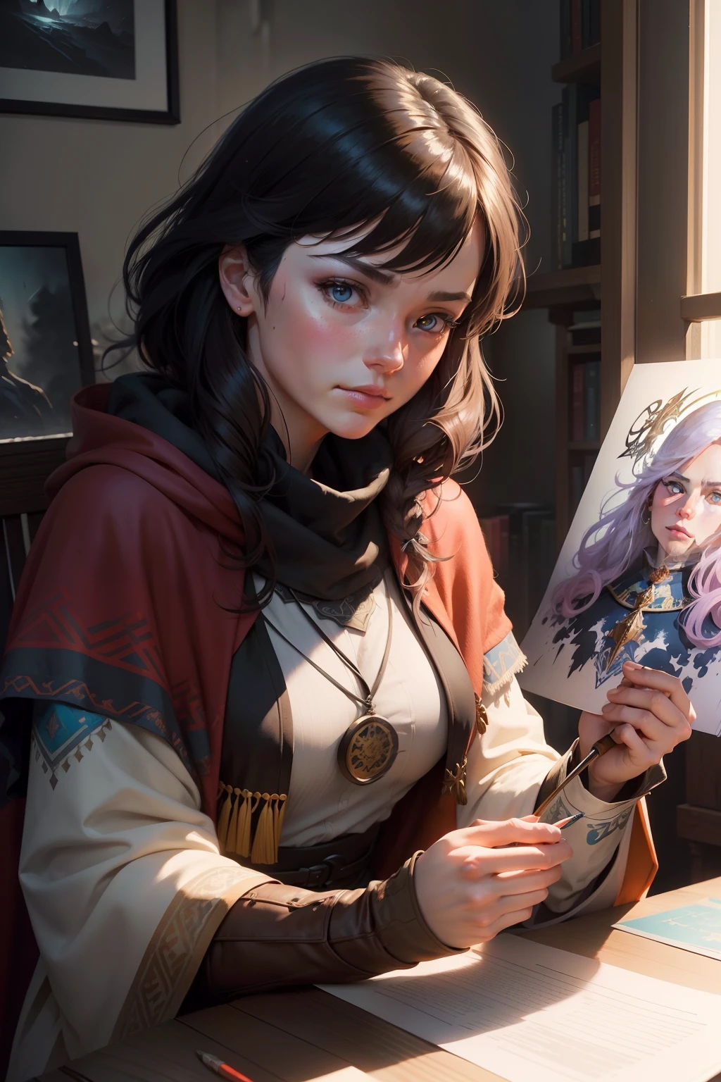 CLAMP Style, watercolour, digital illustration art, Abstract close-up portrait of a pensive Scandinavian priestess in a woolen cloak with a motif of Scandinavian folk art, approaching perfection, dynamic, Detailed, artstation, ConceptArt, fluent, Clear Focus, illustartion, works by Carl Larsson and Carne Griffiths, Detailed background from the winter forest, Color rule 60-30-10, unreal engine, by Greg Rutkowsky, Lois, rhads, beeple, Makoto Shinkai and Lois van Berle, illya kuvshinov, rossdraws, Tom Bagshaw, by Alphonse Mucha, Global Reach, Detailed and confusing environments