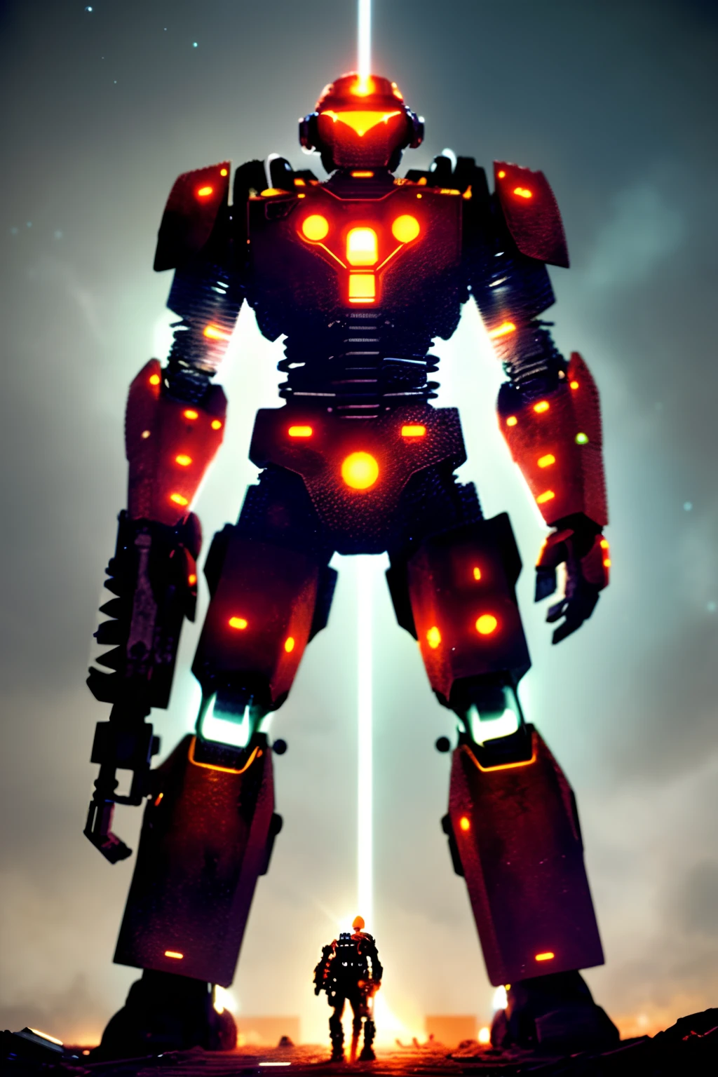 On the moon, barren planet, ruins, holding weapons, no humans, glowing, robot, building, glowing eyes, orange mech, science fiction, city, reality, mecha, galaxy background, full body, neon, cyber Punk, 8K wallpapers, ultra-detailed artwork, cinematic lighting, realistic photos, Dark_Fantasy, Cyberpunk, (chain saw, chain saw man, Red: 1.1), 1man, Mechanical marvel, Robotic presence, Cybernetic guardian, wearing a worn-out machine armor suit, intricate, (steel metal [rust]), elegant, sharp focus, photographed by greg rutkowski, soft lighting, vibrant colors, masterpiece, ((street)), cowboy shot, dynamic pose,