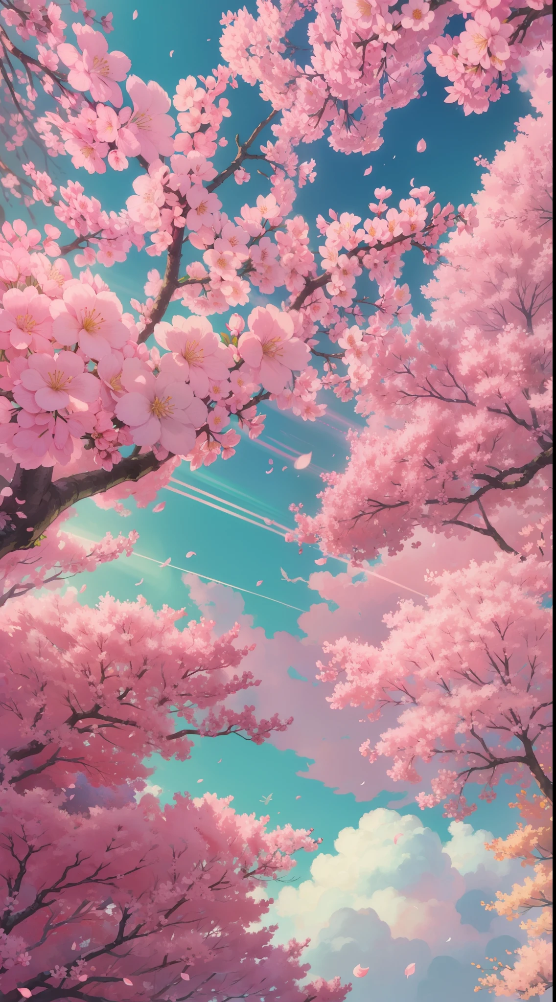 Lots of pink trees, large skies, white clouds , petals , blossoms, aesthetic serene bliss, diffused light, god rays, chromatic aberration, caustics