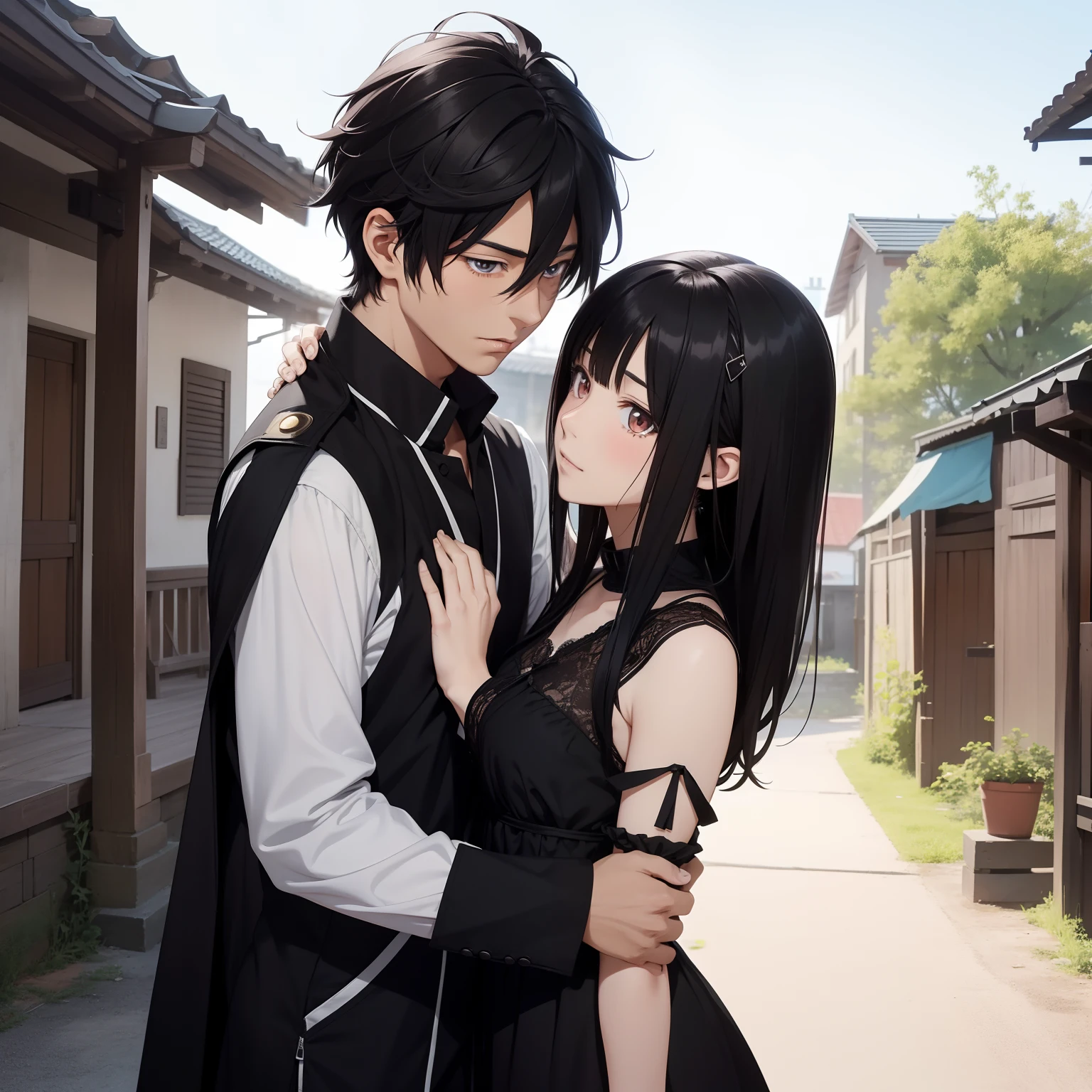 Imagine incentives：Very detailed anime male:1.5，Black color hair，with brown eye，He became interested in the women of the village，They couldn't help but approach him，Show affection and curiosity about him。