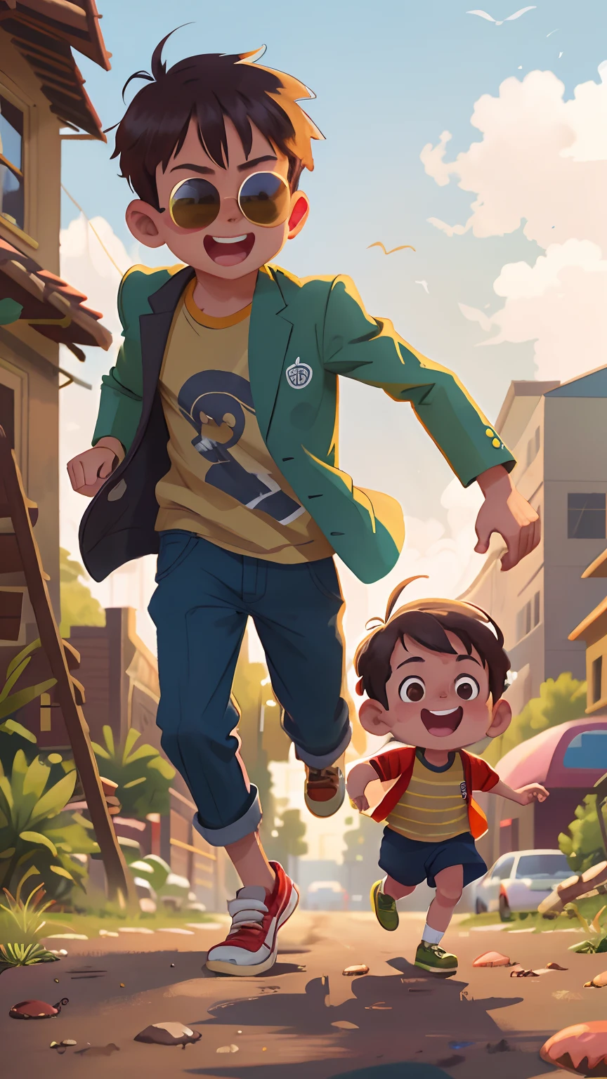 In an open space, a child, radiating happiness, runs forward, their laughter filling the air. Behind them, a man in a jet-black suit and sleek black sunglasses follows, his expression unreadable, adding an element of intrigue. The scene captures the essence of a playful chase, with the child's joy juxtaposed against the man's enigmatic presence. Medium: Photography. Style: Ultra-detailed, drawing inspiration from iconic chase scenes in popular culture, combined with the precision of photo hyper-realism. Lighting: Golden-hour sunlight, creating a warm and nostalgic ambiance, with long shadows stretching across the ground. Colors: A palette of the area's earthy browns and greens, punctuated by the golden hues of the setting sun and the child's vibrant attire. Composition: Nikon Z7 II Mirrorless camera, Nikkor Z 50mm f/1.8 S lens, Resolution 45.7 megapixels, ISO sensitivity: 250, Shutter speed 1/100 second, a mid-shot capturing the child and man amidst their chase, with the setting sun casting a golden glow. --ar 16:9 --v 5.1 --style raw --q 2 --s 750
