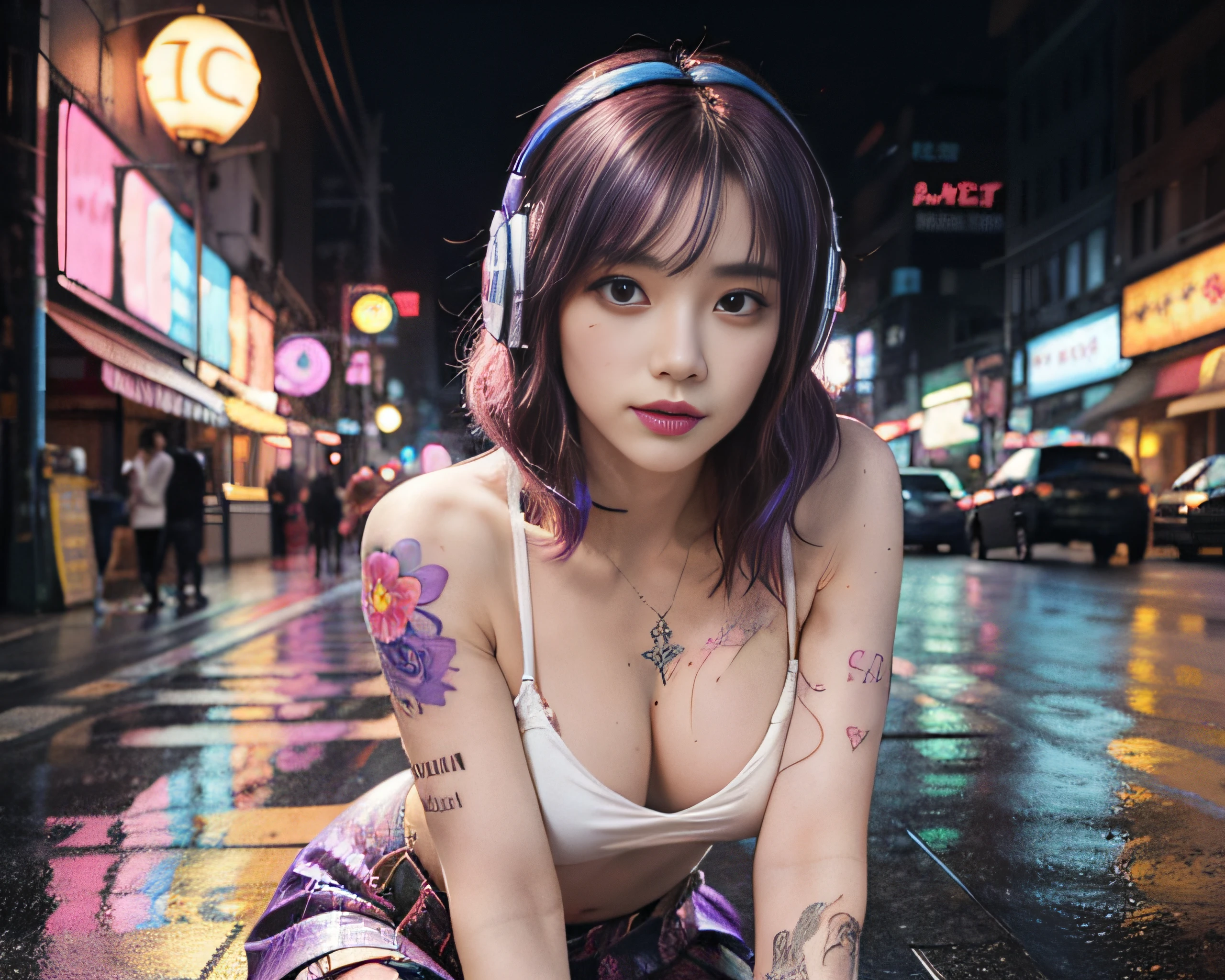 Realistic, 1girl in, Colorful hair, Purple eyes, Glowing eyes, cropped top, Skirt, Parted lips, blush, Night, Flowers, Sun, Sun, Sexy, Feminine, Seductive, Provocative, Multi-angle, ((1girl in)),Girl in fancy streetwear, neotokyo, Centered| Convoluted| Highly detailed| Breathtaking beauty| precise lineart| Vibrant| comprehensive cinematic| Carne Griffiths| Conrad Roset, 8K, Oil Painting, Cinematic lighting, rainy, ((The tattoo)),(Fancy hair color)),((random facial expression)),smirk grin,all-fours,Bright hair color,((Cyberpunk Fashion)),Short Bob,headphones