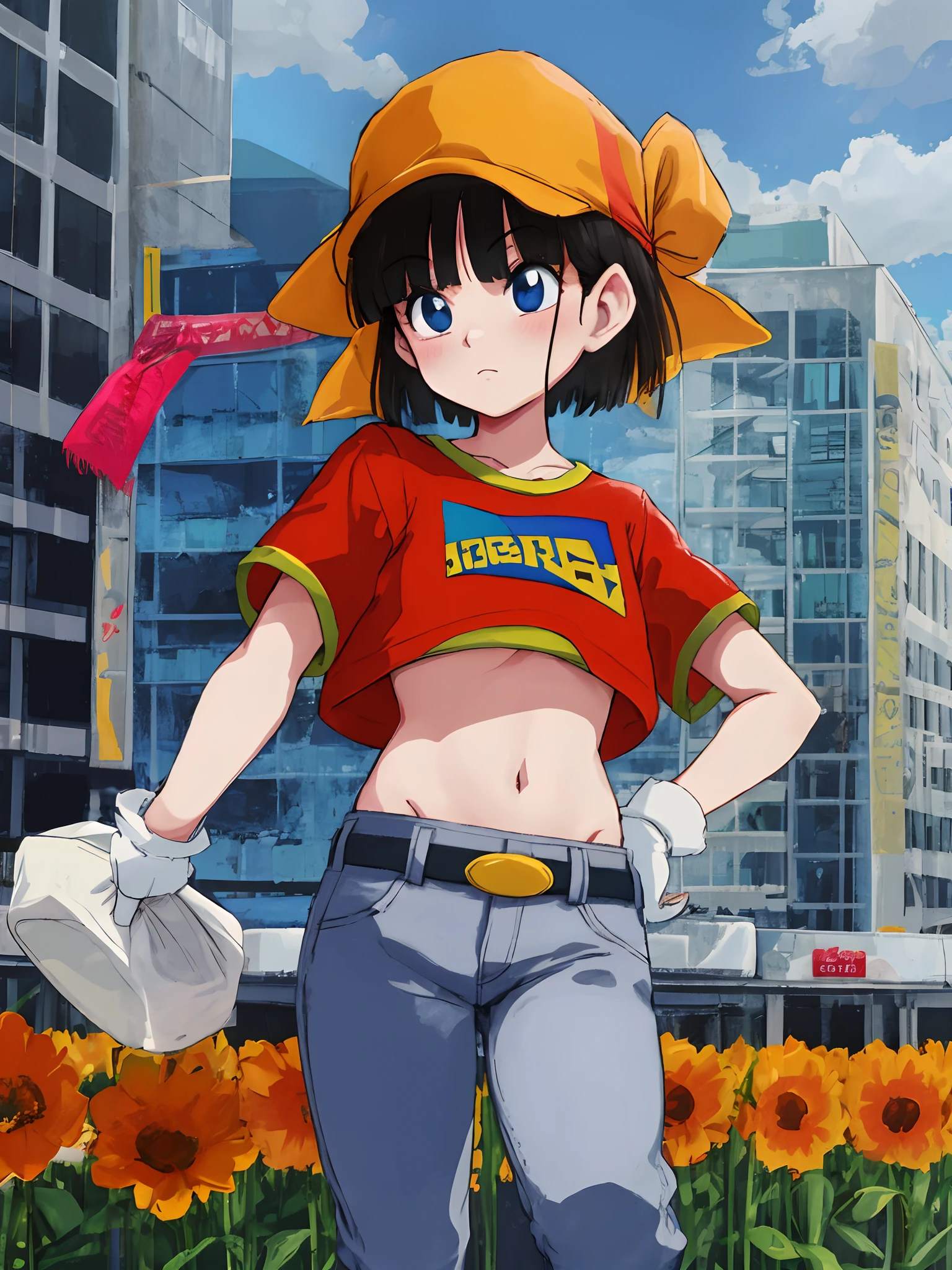 Personagem original,uma mulher bonita fofa, peitos pequenos, quadris largos, coxas oxas grossas, bunda grande, wearing ripped jeans and white shirt,no-bra, colorful sneakers, colorful designed buildings, anatomia perfeita, boa anatomia, good composition,standingn