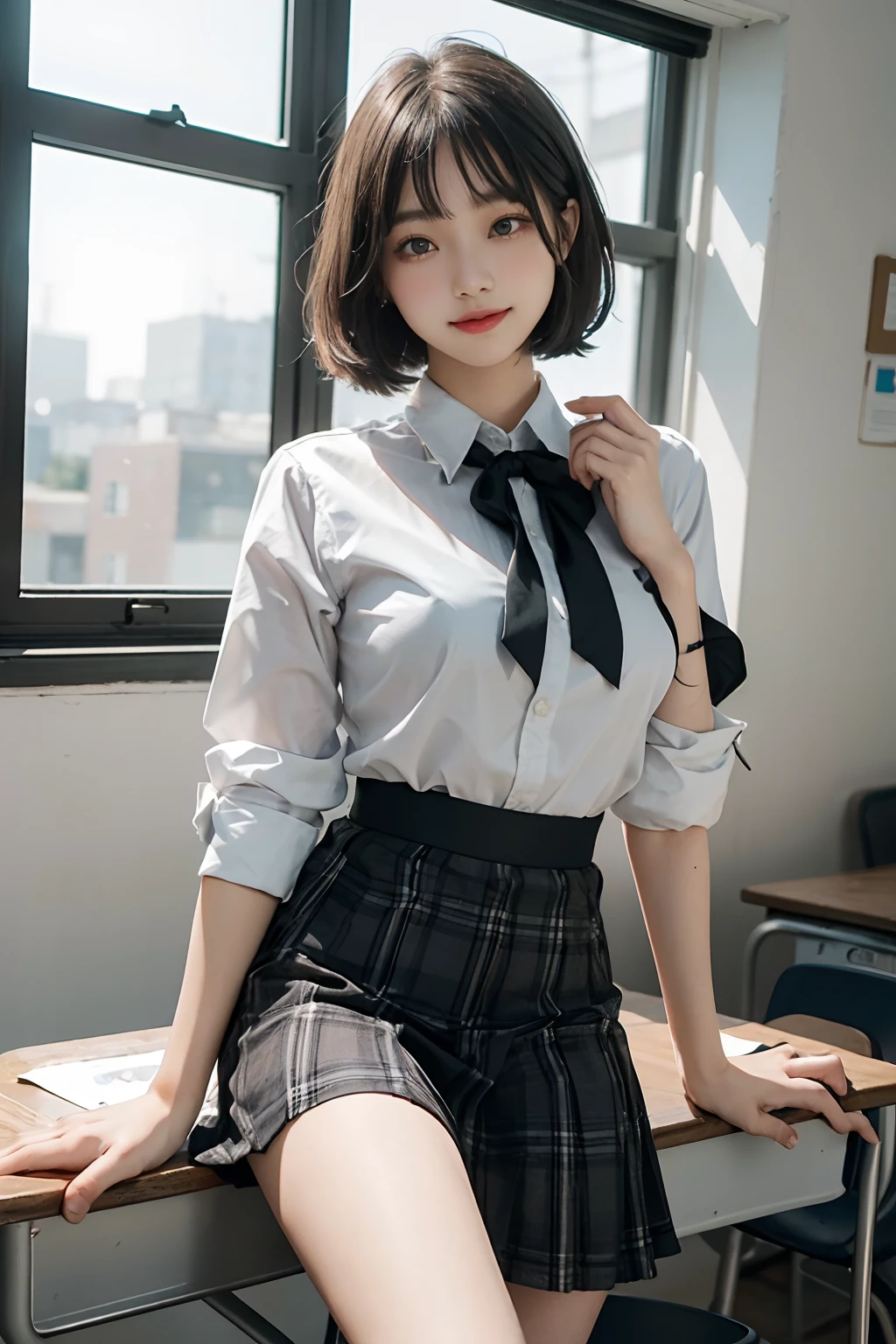 Top quality, RAW photos, super high resolution, various poses like models, smile, 17 year old Korean, very big round breasts, shiny black hair, bob cut, short cut, matching bangs, school uniform, shirt, ribbon, green plaid skirt, hair ornament, beautiful eyes, very thin mouth,, beautiful eyes in detail,, long eyes, dark cheek makeup, long eyelashes, beautiful double eyelidsVarious poses like eyeshadow, beautiful slender legs, school, school classroom, model