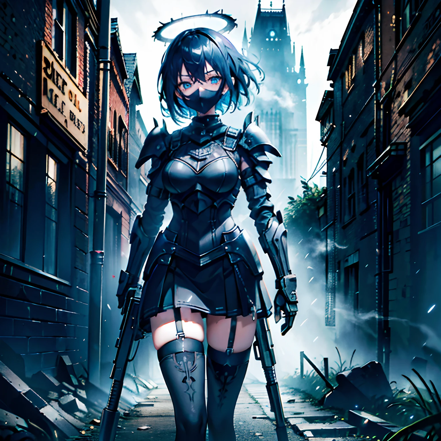 Ultra high quality, ultra detail, full picture, 1 girl, solo, dark blue hair, blue eyes, black patterned mask covering mouth, detailed super oily shiny black thighhighs, articulated dark blue halo above head, detailed tattoo under right eye, gothic clothing, light assault armour, holding futuristic assault rifle, black thighhighs, looking at viewer, tired look, ruined building as background, stormy night, shrouded in darkness