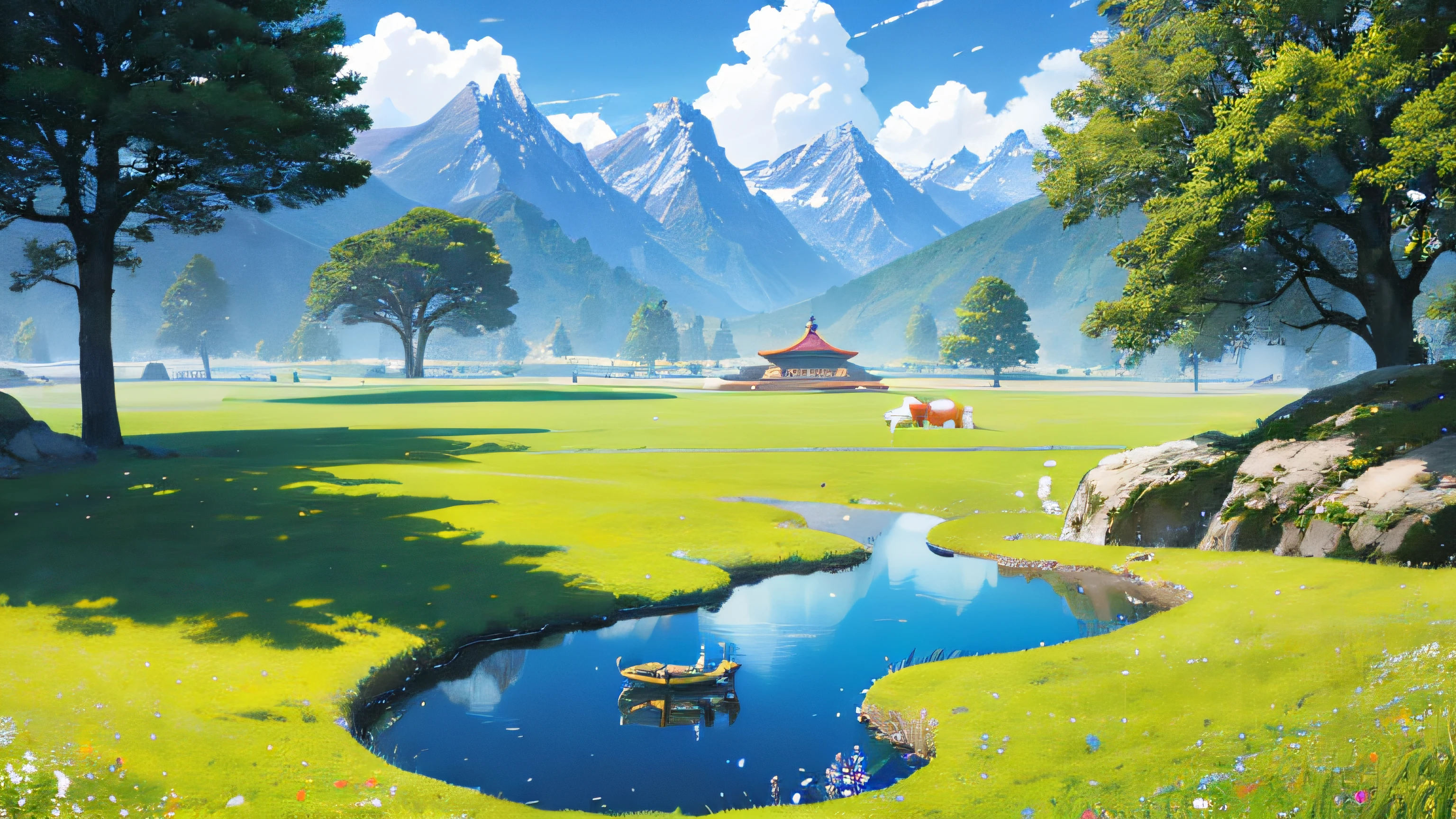 夏天，Big meadow，Few florets，clear lakes，sheeps，a paradise，large clouds，blue-sky，scorching weather，high definition detail，wet watermarks，hyper-detailing，cinematic ligh，ultra-realistic realism，the soft light，Deep field focus bokeh，The vista is snow-capped mountains，Ray tracing and surrealism。 --v6