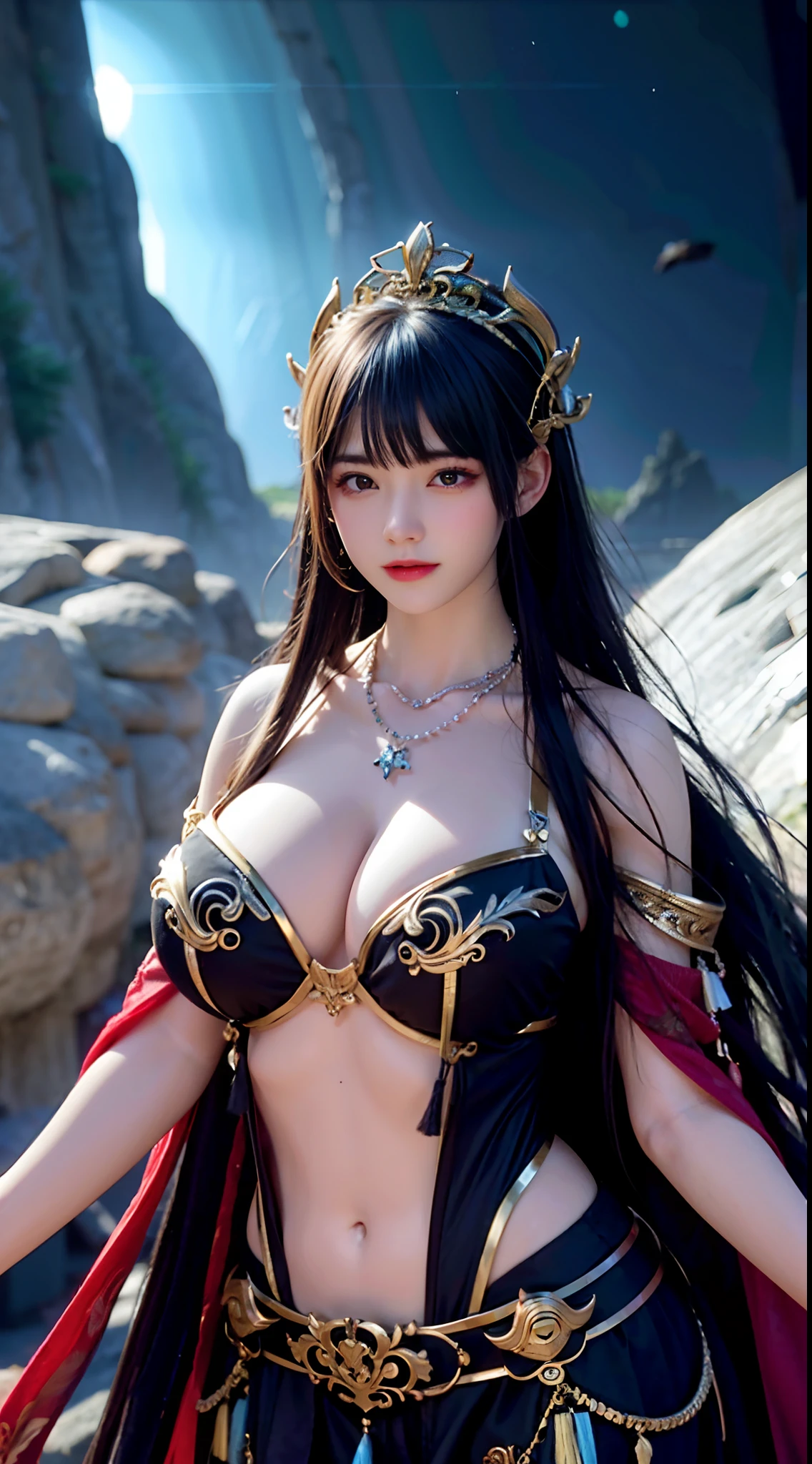Sexy age,huge tit,Hair accessories and necklaces,8K分辨率,Studio quality,hyper HD,extreme hight detail,Paleoenvironment,the night,Top design,coloured with lots of colour,Dynamic lens,Texture,Ancient wind