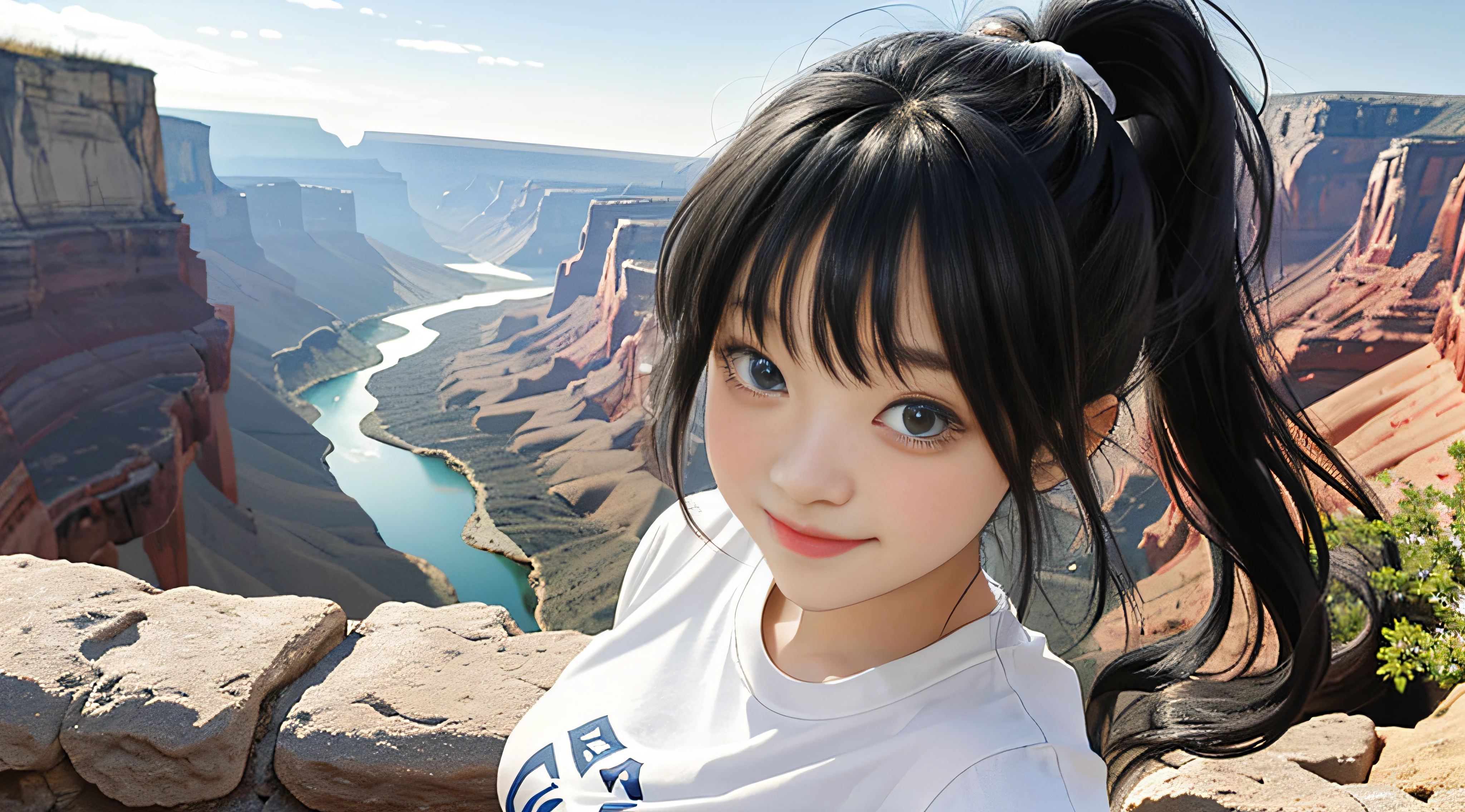 On a bright spring day，The sun hangs high above the canyon，Exudes cinematic light。Standing on the edge of the canyon is a cute one-person student beautiful girl。She has long hair，Black hair is woven into a ponytail and bangs，Make her even more charming。A pair of big watery eyes flashed under her thick eyebrows，Look ahead with wide eyes。She pouted，A smug smile appeared on his face，White teeth are exposed。She wears a simple T-shirt and a beautiful pleated skirt，Over-the-knee socks with bare feet，Show her youthful vitality。She turned around，Facing the viewer，Shows her charming side face。The whole scene is full of beauty，And her cuteness is even more heartwarming。