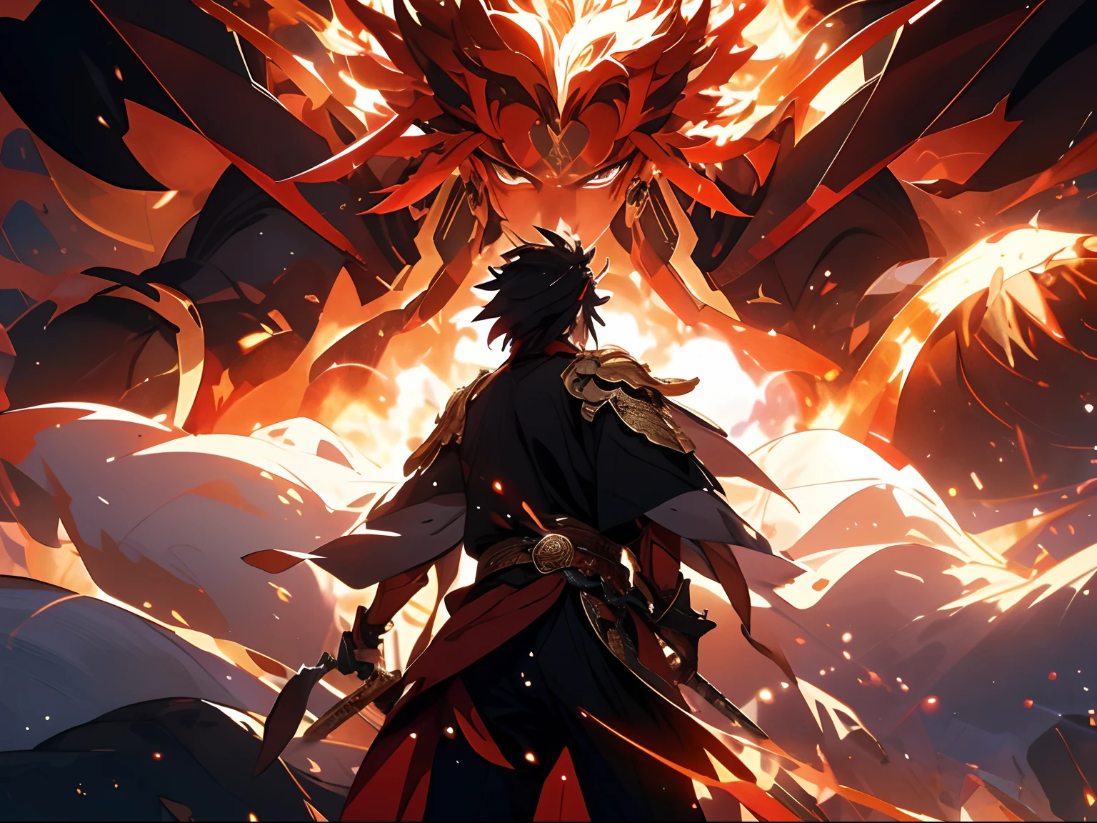 （tmasterpiece：1.2），best qualtiy， A handsome and decisive little Taoist shining, Armed with a glittering sword，It emits a cold light, Surrounded by fire and lightning particles. He wears black and red intersecting armor, It was like a bolt of lightning piercing the night sky. , Majestic gestures and trampling on fiery flames. Flames surged around them, creating an opulent atmosphere. The image is in high definition，Capture the highlights of this epic battle.The back of the monster