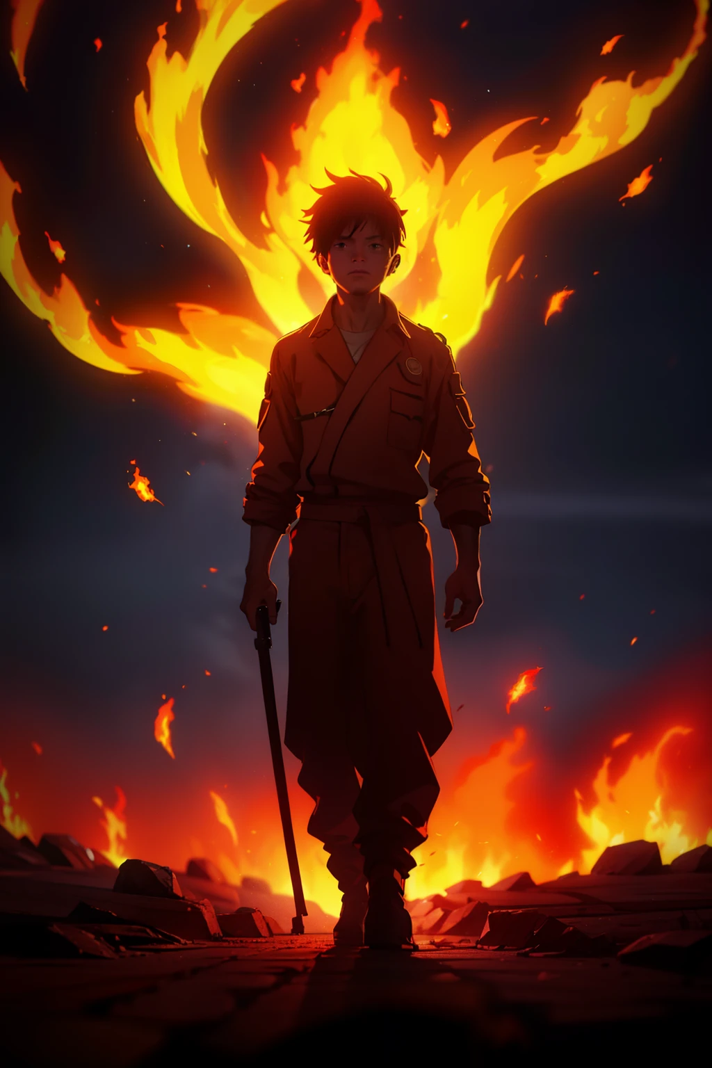 A boy with,The background is flames,Action boy standing in flames rising upwards