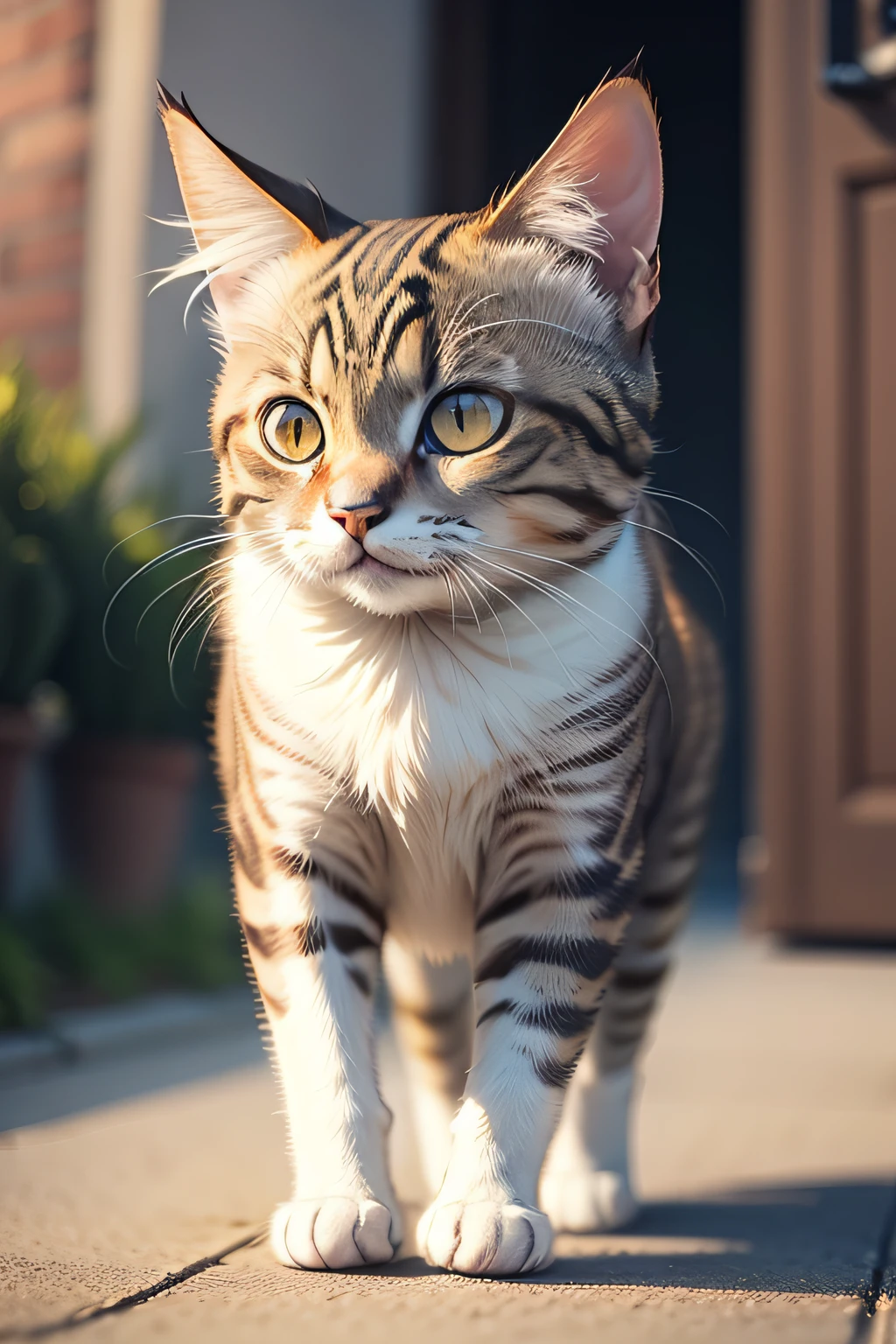 Draw a cat，The cat is slightly smiling，Walk slowly towards me