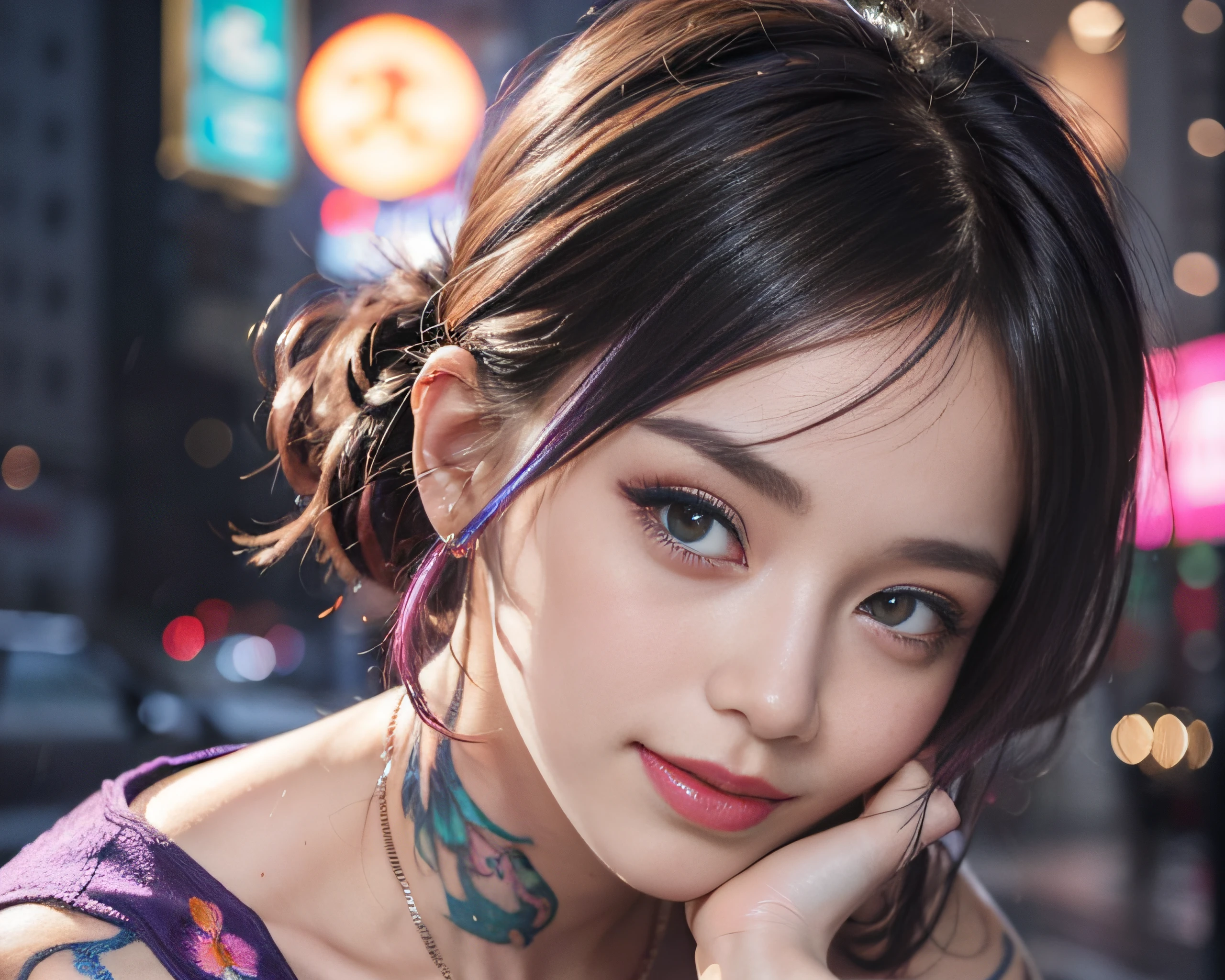 Realistic, 1girl in, Colorful hair, Purple eyes, Glowing eyes, cropped top, Skirt, Parted lips, blush, Night, Flowers, Sun, Sun, Sexy, Feminine, Seductive, Provocative, Multi-angle, ((1girl in)),Girl in fancy streetwear, neotokyo, Centered| Convoluted| Highly detailed| Breathtaking beauty| precise lineart| Vibrant| comprehensive cinematic| Carne Griffiths| Conrad Roset, 8K, Oil Painting, Cinematic lighting, rainy, ((The tattoo)),(Fancy hair color)),((random facial expression)),smirk grin,all-fours,Bright hair color,((Cyberpunk Fashion))