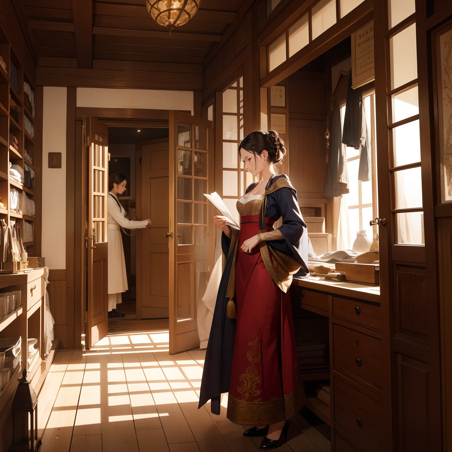 The female owner of an enchanting tailor shop is at the door of the tailor shop