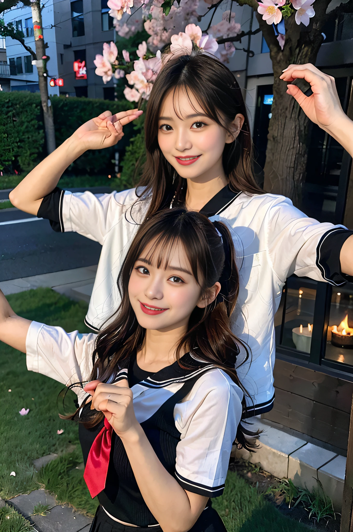 (8K,Raw photo、Raw photo、top-quality、Master masterpiece:1.2)、ultra-detailliert、Super Resolution、(Photorealsitic:1.3)、((Posing weird while dating your boyfriend))、((Come towards us with your arms outstretched.))、、funny pose、Laughter Pose、Very funny pose、Cute poses、high resolution RAW color photos、professional photograpy、Same skin type as humans、Female proofreading of Japan from head to waist、Blur the background、Draws faithfully to anatomy、Correct number of fingers、（Very beautiful and detailed night cherry blossom trees 1:1.37）((Cherry blossoms fluttering in the wind))、fullmoon、Very detailed and beautiful、Ultra-high image quality、Half-up hairstyle、Bun hair、poneyTail、High school girl in sailor suit、（Puffy cheeks）Detailed uniforms、Each face has its own distinctive features、Different face patterns、Farbe々Hairstyle、Brown hair fluttering in the night breeze、Hair swaying and sexy、Very detailed beautiful girl、（Pink Eye Shadow）、Red tie、Smiling smile、