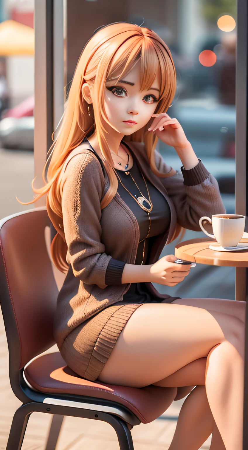 A woman who is,sits at a table,He had a coffee cup in front of him, Guviz-style artwork, realistic anime 3D style, Photorealistic anime,realistic anime artstyle