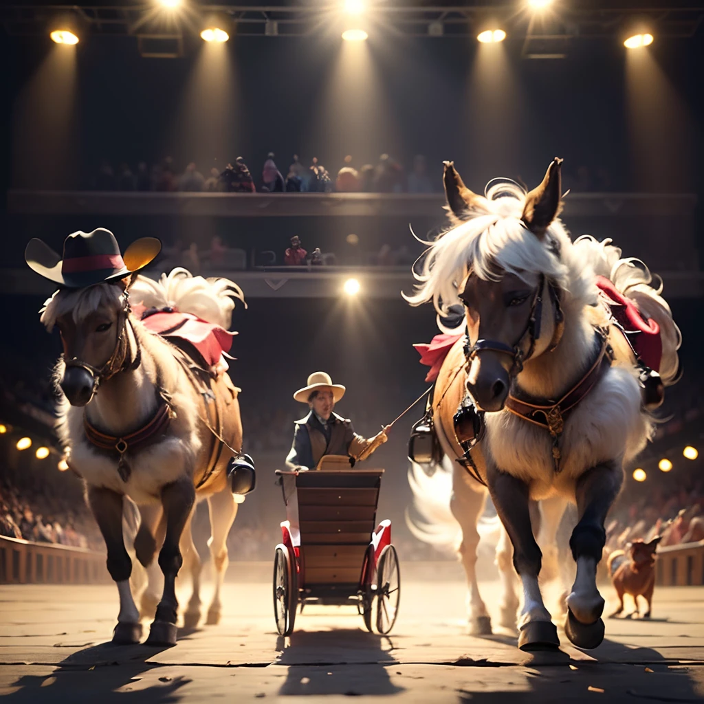 1400 years. German fairy tale. Cheerful funny Bremen musicians (donkey, cat, dog, rooster and a young guy), in hats and pop old costumes, play musical instruments, the stage is a big cart, Close-up, super photorealistic, cinematic, dynamic, cartoon style. --auto --s2