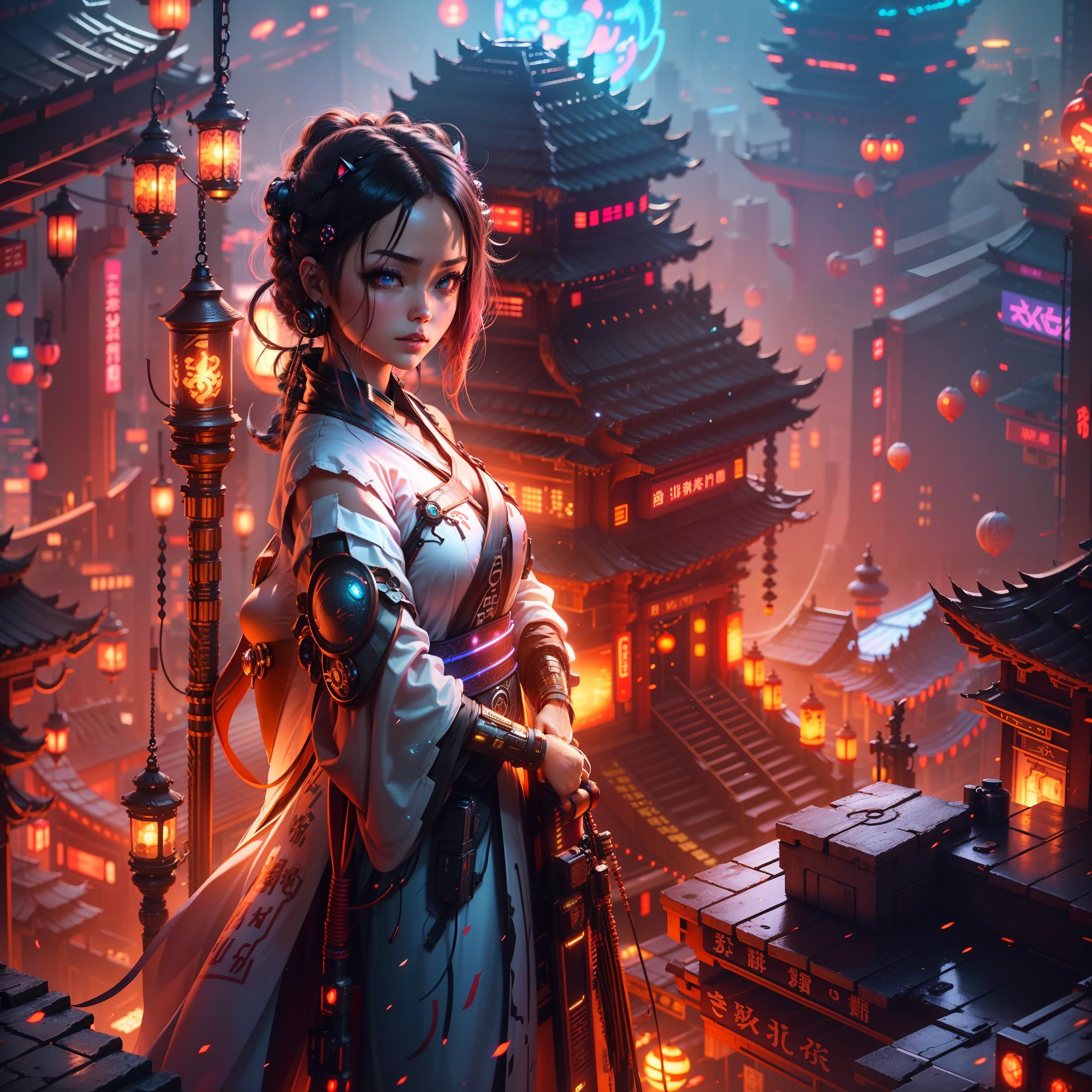 Hyper-Resolution,(真实感:1.3)1个Giant Breast Girl,Cyberhanfu,Cyberpunk-city,natta,neonlight,Lanterns,独奏,delicated face,Elaborate Eyes,short detailed hair,cat ear,full bodyesbian,