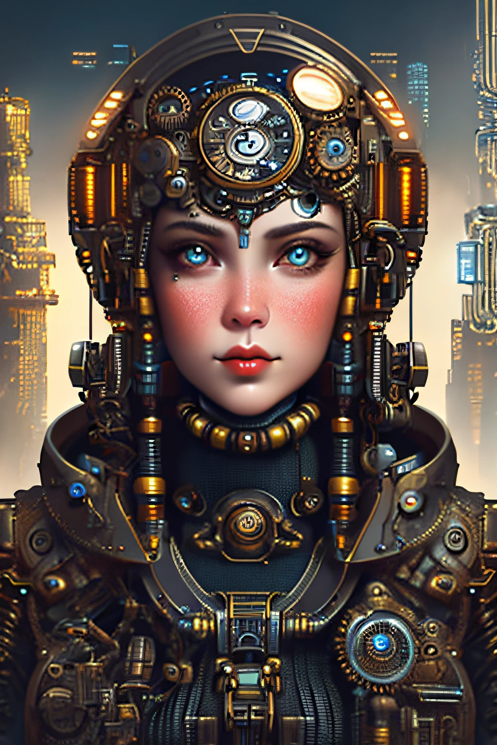 Full-length cyborg | Full-length portrait| Detailed Face| Symmetrical| steampunk| Cyberpunk| cyborg| intricate detail| Scale| hyperrealistic| Cinematic Lighting| Digital Art| Concept Art| mdjrny-v4 style