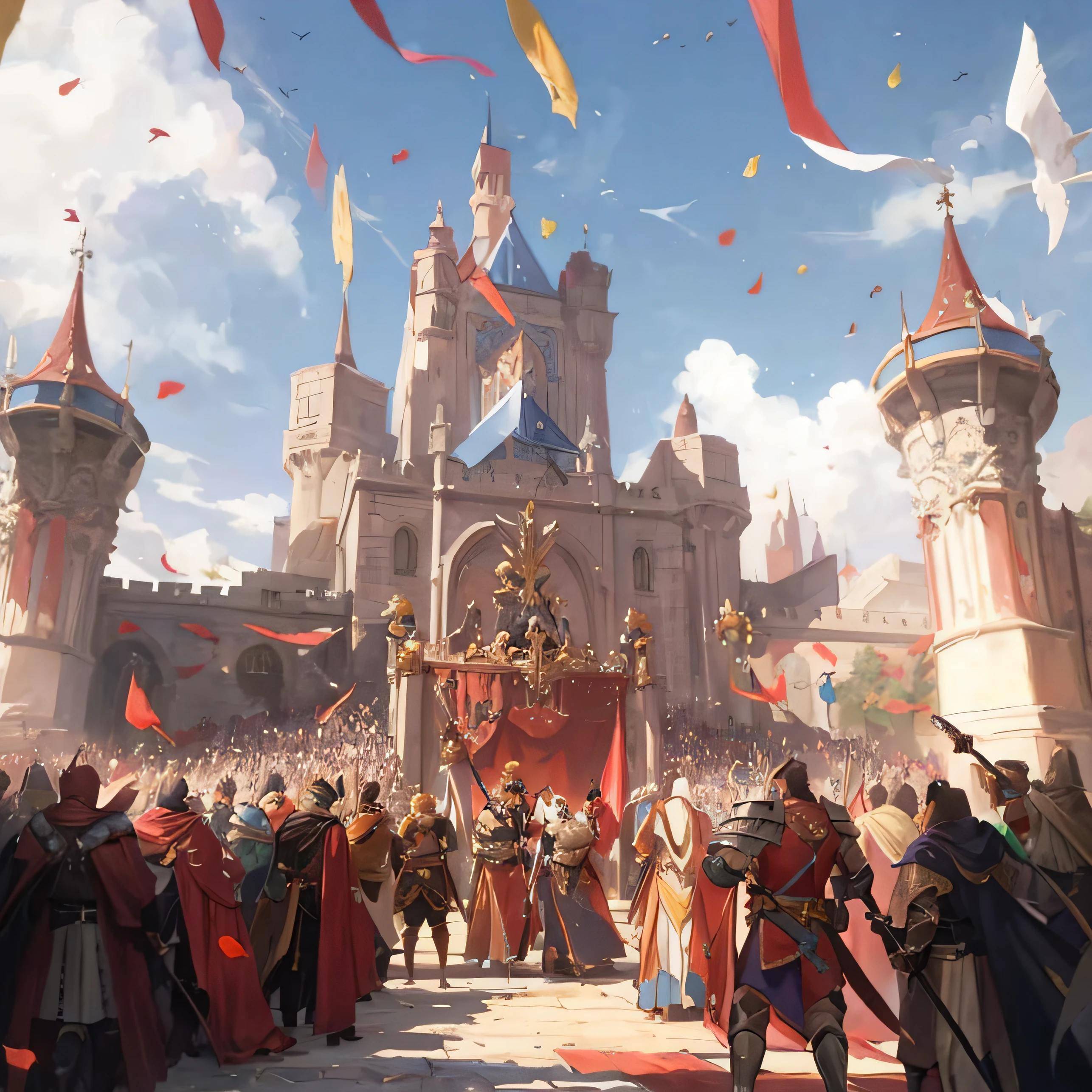 Close-up of a group of people standing in front of the castle,Coronation Ceremony Riot Game Concept Art, arte conceitual medieval, Rosla global lighting, author:yanjun cheng, medieval fantasy game art, silvain sarrailh, fantasy concept art, ross tran. scenery background, colorful concept art, League of Legends concept art, Medieval fantasy art, epic fantasty card game art