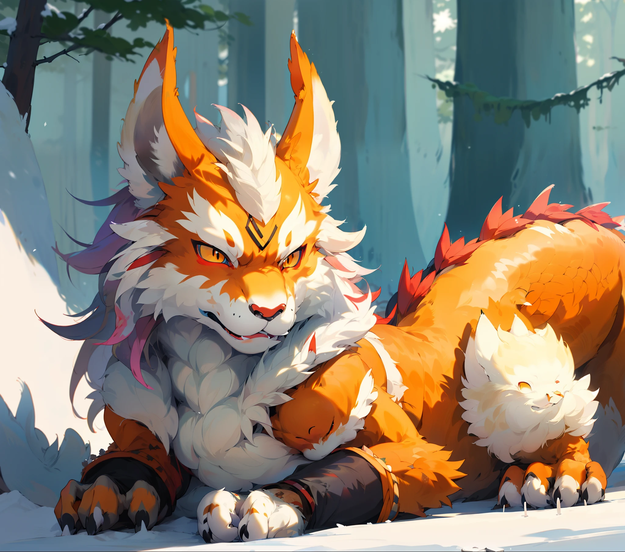 there is a fox that is laying down in the snow, furry fantasy art, very very beautiful furry art, kitsune three - tailed fox, three - tailed fox, furry art!!!, furry art, fluffy orange skin, anthro dragon art, sfw version, an anthropomorphic fox, an anthro fox, kitsune, cute detailed digital art