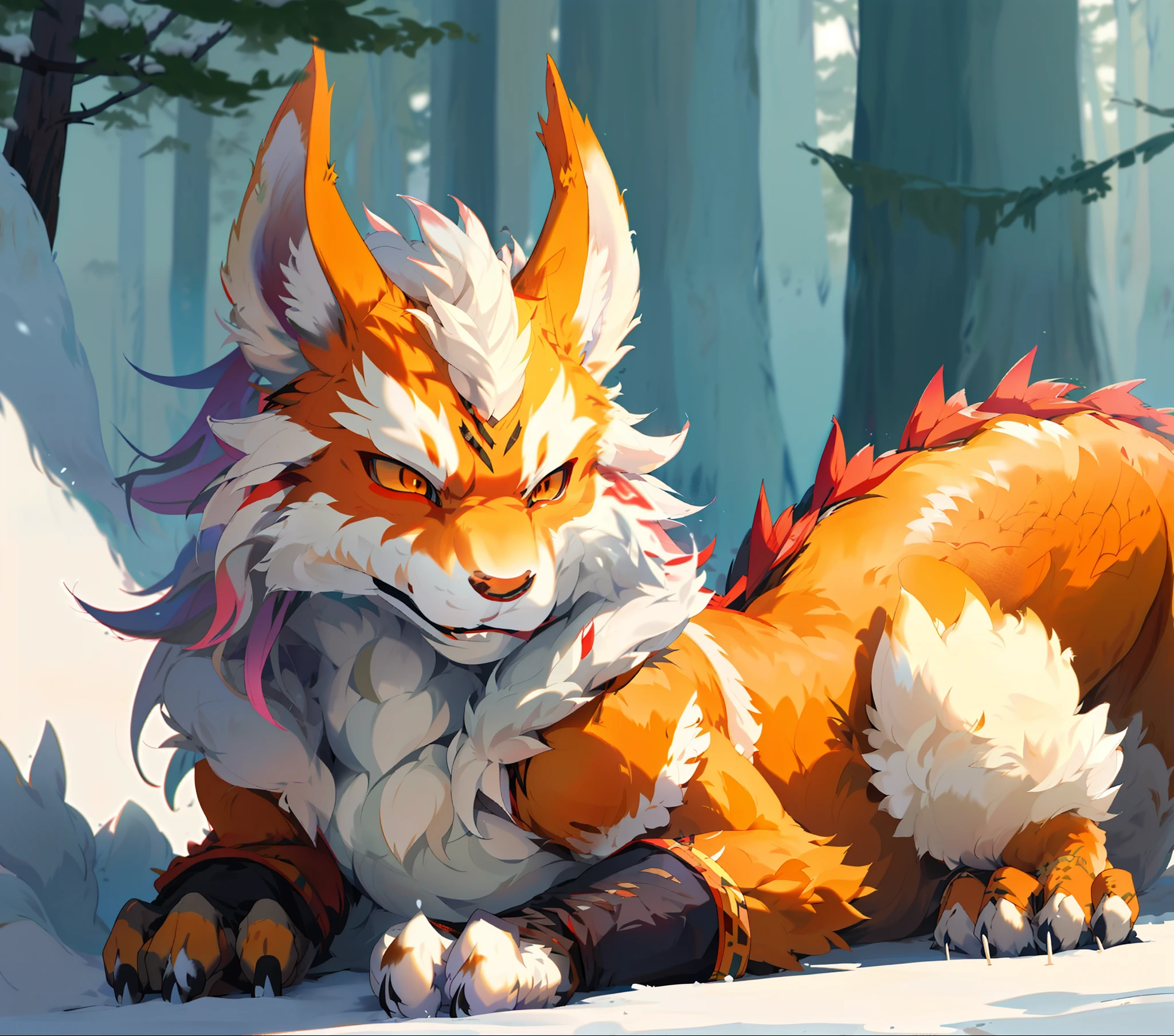 there is a fox that is laying down in the snow, furry fantasy art, very very beautiful furry art, kitsune three - tailed fox, three - tailed fox, furry art!!!, furry art, fluffy orange skin, anthro dragon art, sfw version, an anthropomorphic fox, an anthro fox, kitsune, cute detailed digital art