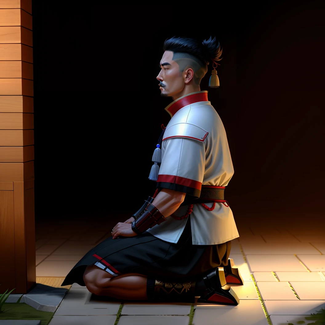 An oriental warrior knelt on the ground and prayed，the sideview，GameCG，4k高清