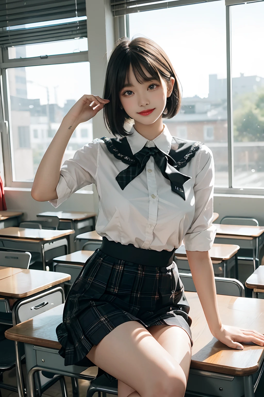Top quality, RAW photos, super high resolution, various poses like models, smile, 17 year old Korean, very big round ???????, shiny black hair, bob cut, short cut, matching bangs, school uniform, shirt, ribbon, green plaid skirt, hair ornament, beautiful eyes, very thin mouth,, beautiful eyes in detail,, long eyes, dark cheek makeup, long eyelashes, beautiful double eyelidsVarious poses like eyeshadow, beautiful slender legs, school, school classroom, model