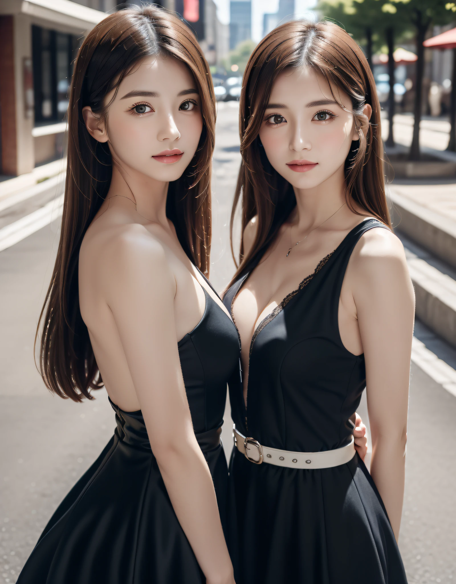 best quality, white skin, real human skin, (detailed face), oval face, pores, ultra high res, (8k, RAW photo, photorealistic:1.4), BREAK, twins, two girls, cheek to cheek, slim, (large-breast:1.37, cleavage), (looking straight at viewer with a serene and goddess-like happiness:1.2, light smile:1.15, happy, :1.15, stylish model posing:1.3, standing:1.37, arms behind back:1.37), (lifter gloss, eyelashes, gloss-face, best quality, ultra highres, Broad lighting, natural shading), lovely look, shiny-blonde twin-tails hair:1.37, (detailed black gothic dress:1.3, gothic ta fashion:1.37, lace, frill), cityscape, fashion street venue, burry background, bokeh, depth of field, (cowboy shot:1.3), centered image, perfect anatomy, perfect proportion,