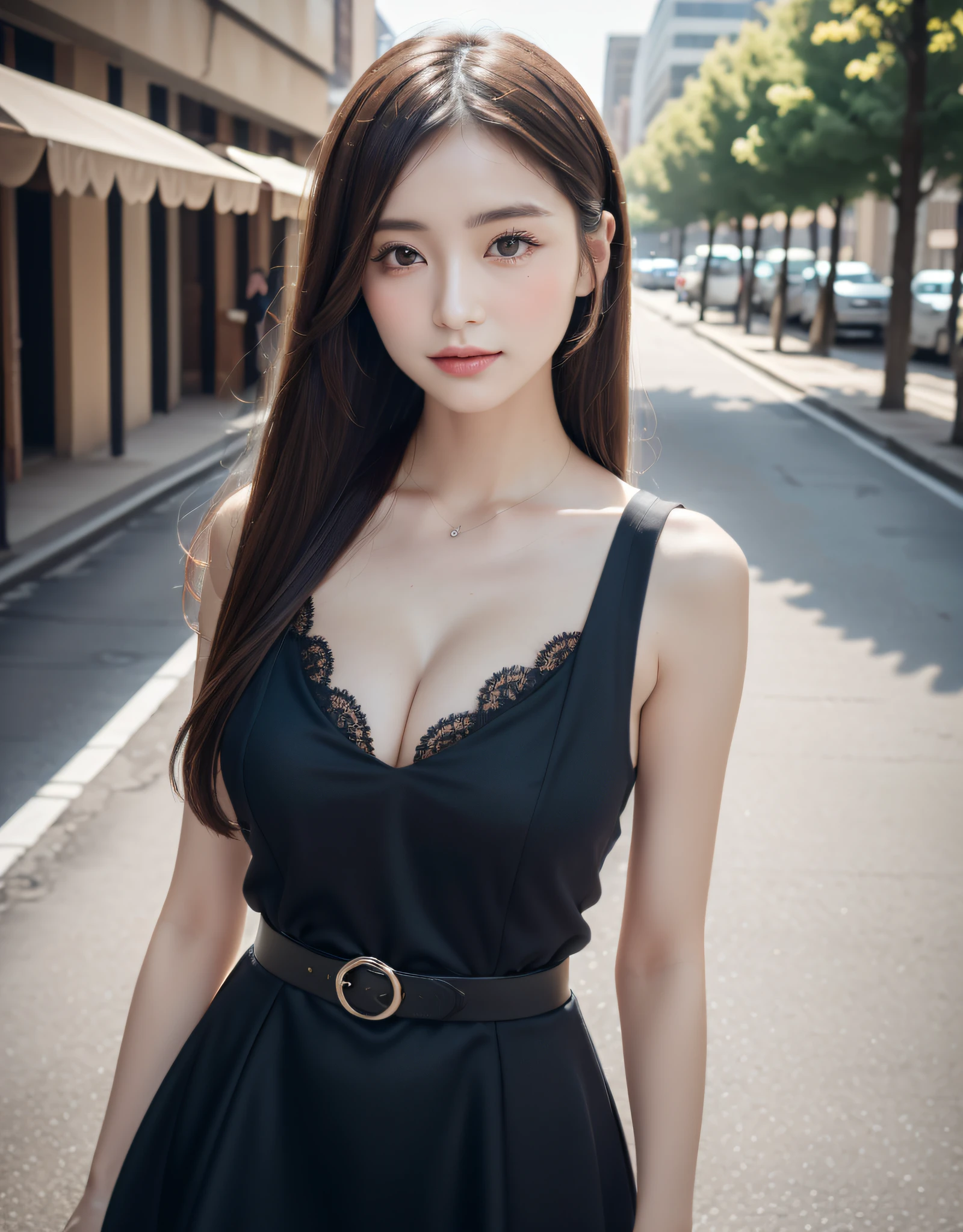 best quality, white skin, real human skin, (detailed face), oval face, pores, ultra high res, (8k, RAW photo, photorealistic:1.4), BREAK, twins, two girls, cheek to cheek, slim, (large-breast:1.37, cleavage), (looking straight at viewer with a serene and goddess-like happiness:1.2, light smile:1.15, happy, :1.15, stylish model posing:1.3, standing:1.37, arms behind back:1.37), (lifter gloss, eyelashes, gloss-face, best quality, ultra highres, Broad lighting, natural shading), lovely look, shiny-blonde twin-tails hair:1.37, (detailed black gothic dress:1.3, gothic Lolita fashion:1.37, lace, frill), cityscape, fashion street venue, burry background, bokeh, depth of field, (cowboy shot:1.3), centered image, perfect anatomy, perfect proportion,