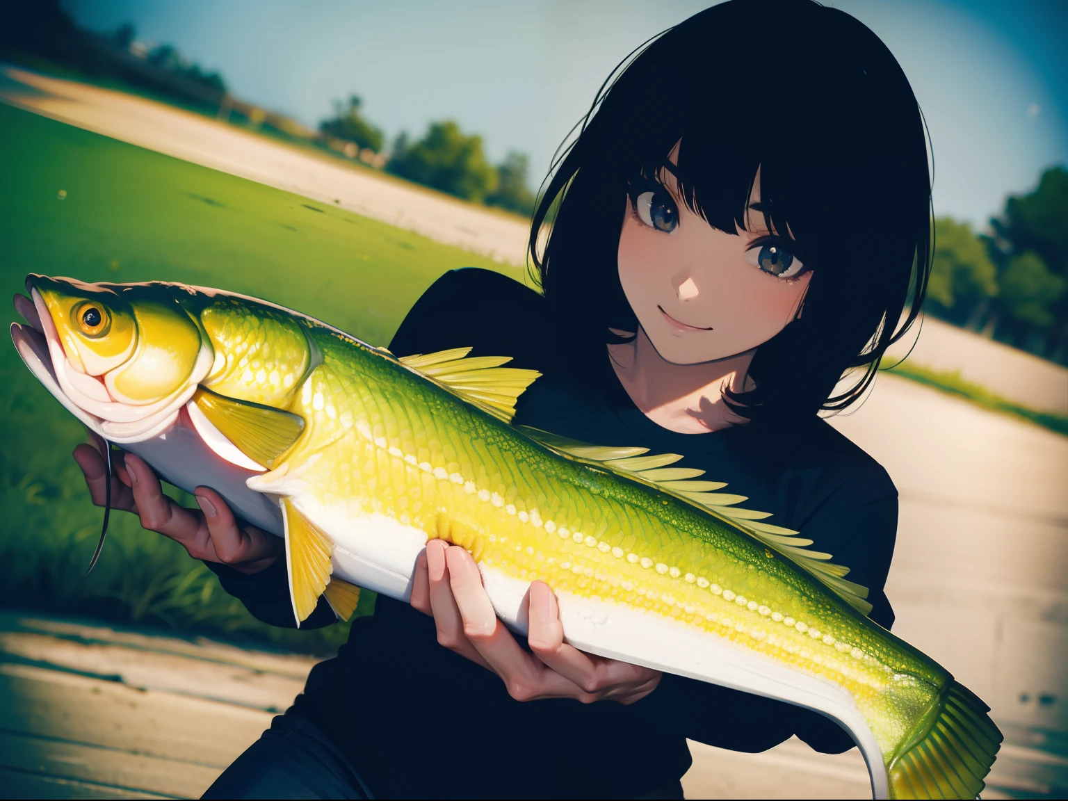(((catching a big largemouthbass with both hands))) (((stand by the lakeside:1.1))),((Best quality, Masterpiece :1.3)),(1 japanese mature female),large mouth bass,black hair, longeyelashes, solid circle eyes, light smile, drop shadow, atmospheric perspective, 8k, super detail, ccurate, best quality, small breasts,black jacket, Black T-shirt ,navy blue jeans,