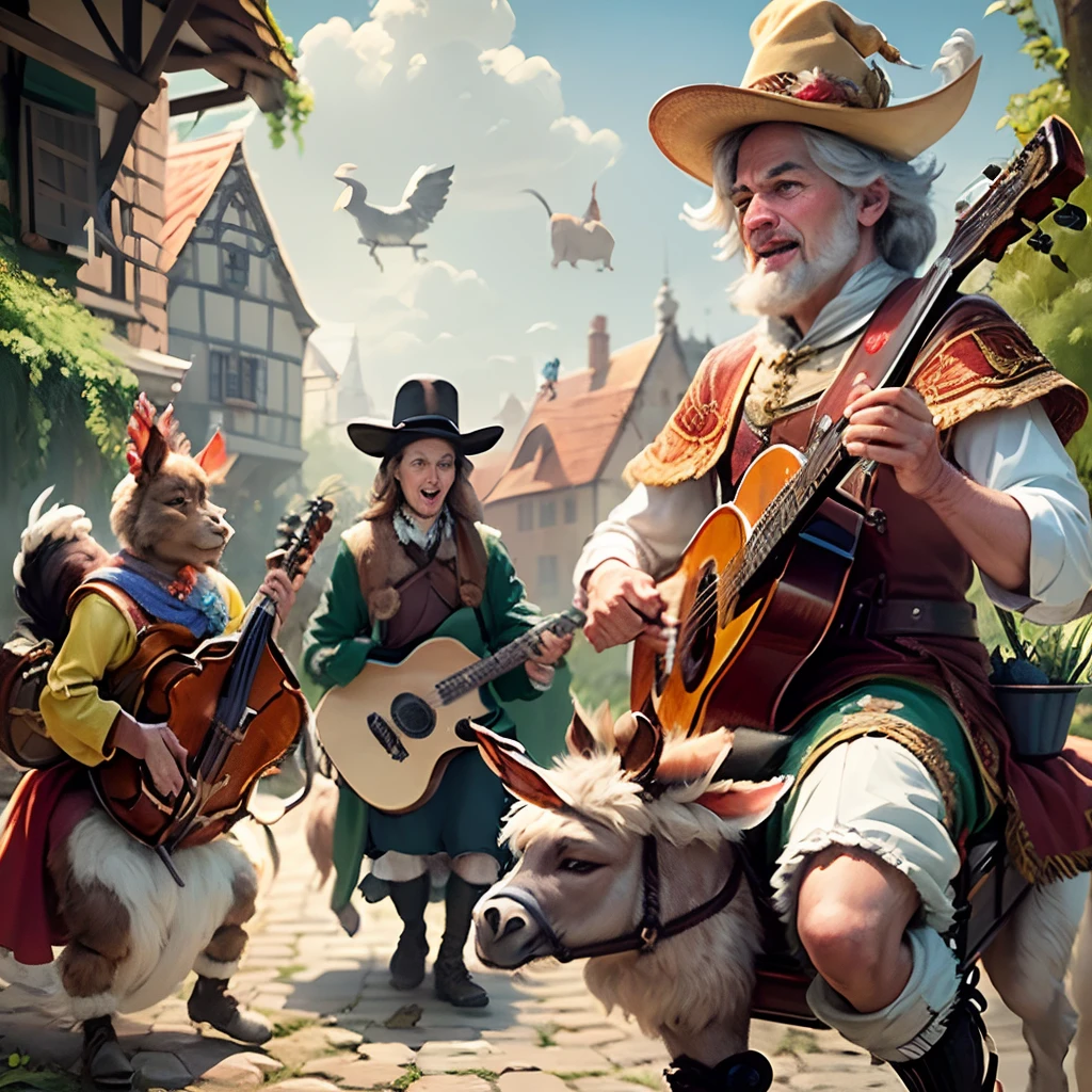 1400 years. German fairy tale. Cheerful funny Bremen musicians (donkey, cat, dog, rooster and a young guy), in hats and pop old costumes, play musical instruments, the stage is a big cart, Close-up, super photorealistic, cinematic, dynamic, cartoon style. --auto --s2