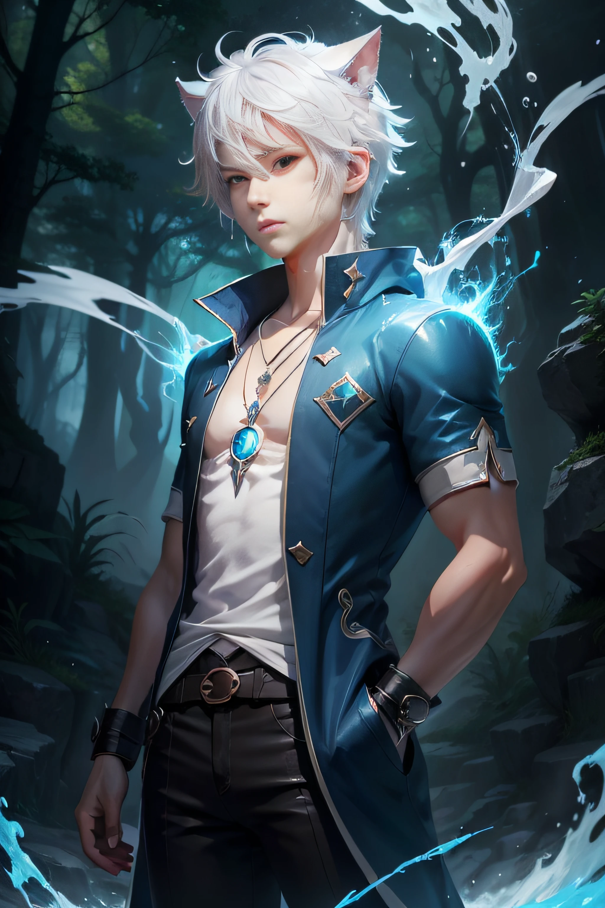 splash art, human, white hair, white cat ears, short height, male, nature background, magic boy, explorer clothes, magic effects, blue magic effects, blue effects, blue key pendant necklace, hair covering ears