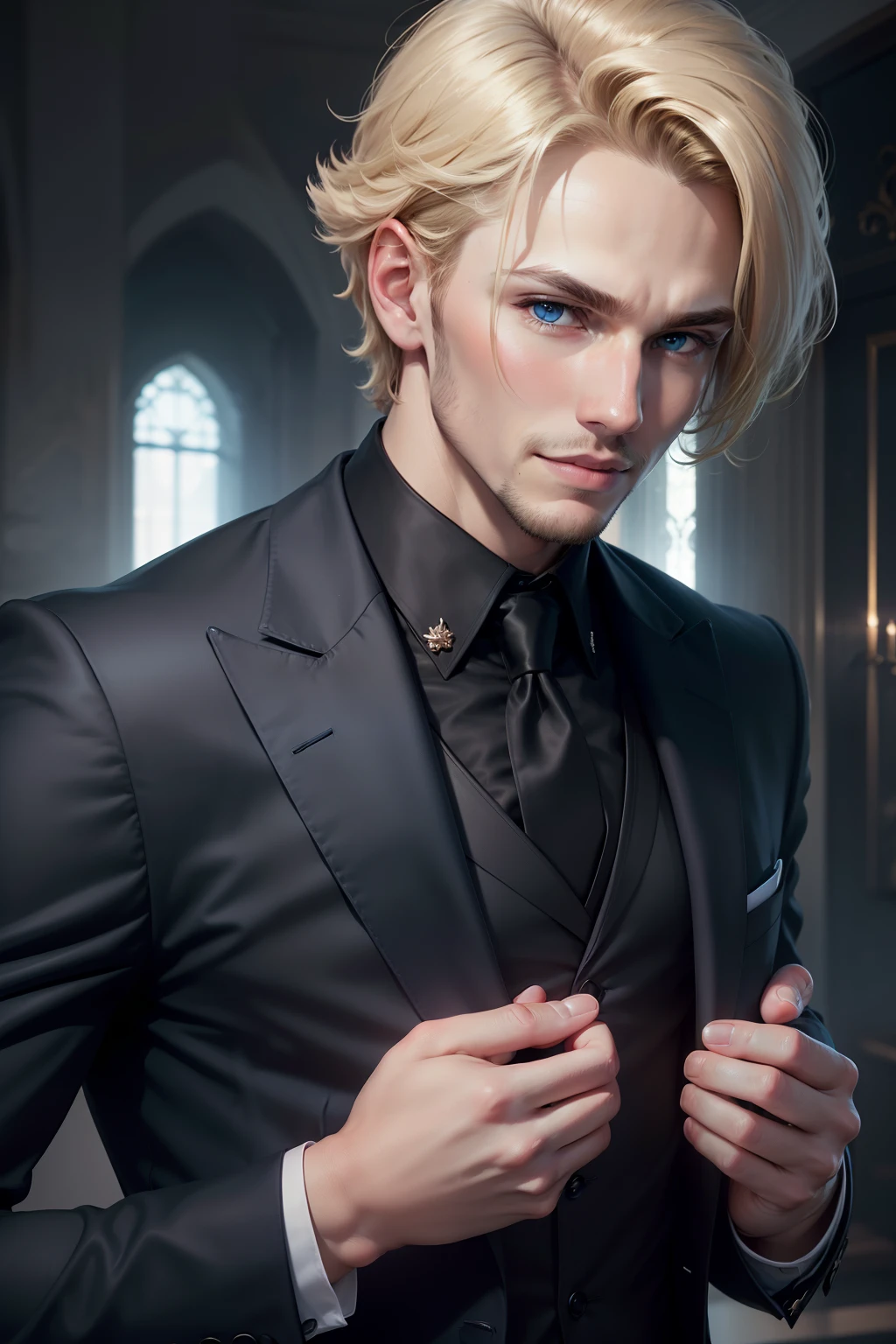 ((best qualtiy, 8K, tmasterpiece)), Close-up Shot Shot, Handsome guy with perfect body，blond hairbl，blue color eyes，In black suit，ssmile